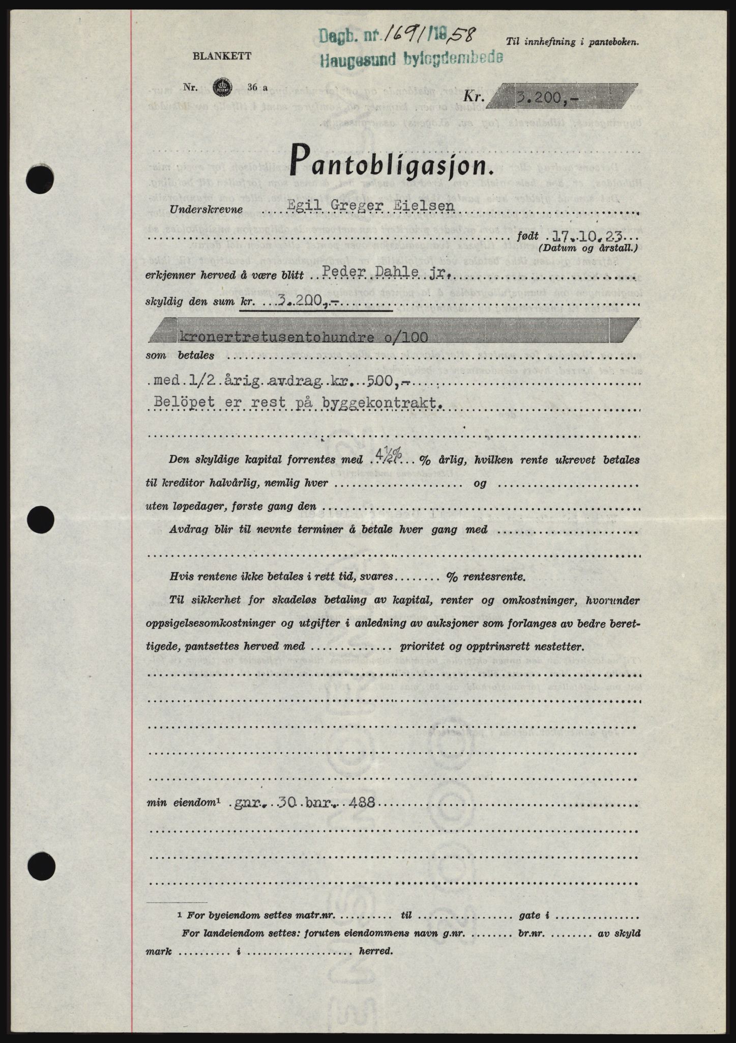 Haugesund tingrett, SAST/A-101415/01/II/IIC/L0044: Mortgage book no. B 44, 1958-1959, Diary no: : 1691/1958