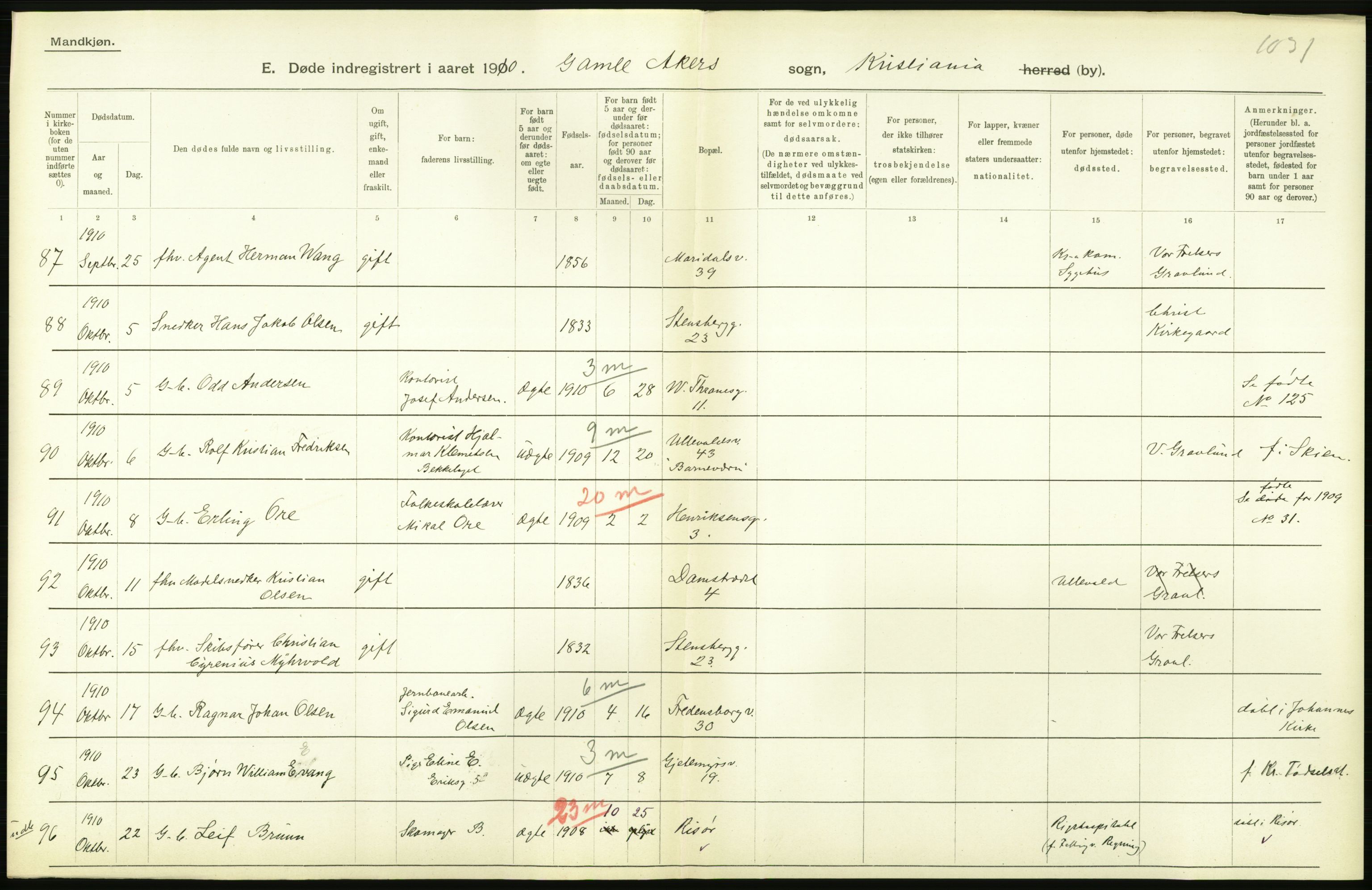 Statistisk sentralbyrå, Sosiodemografiske emner, Befolkning, RA/S-2228/D/Df/Dfa/Dfah/L0008: Kristiania: Døde, 1910, p. 898