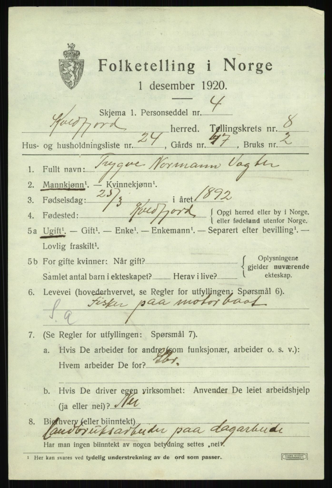 SATØ, 1920 census for Kvæfjord, 1920, p. 3981