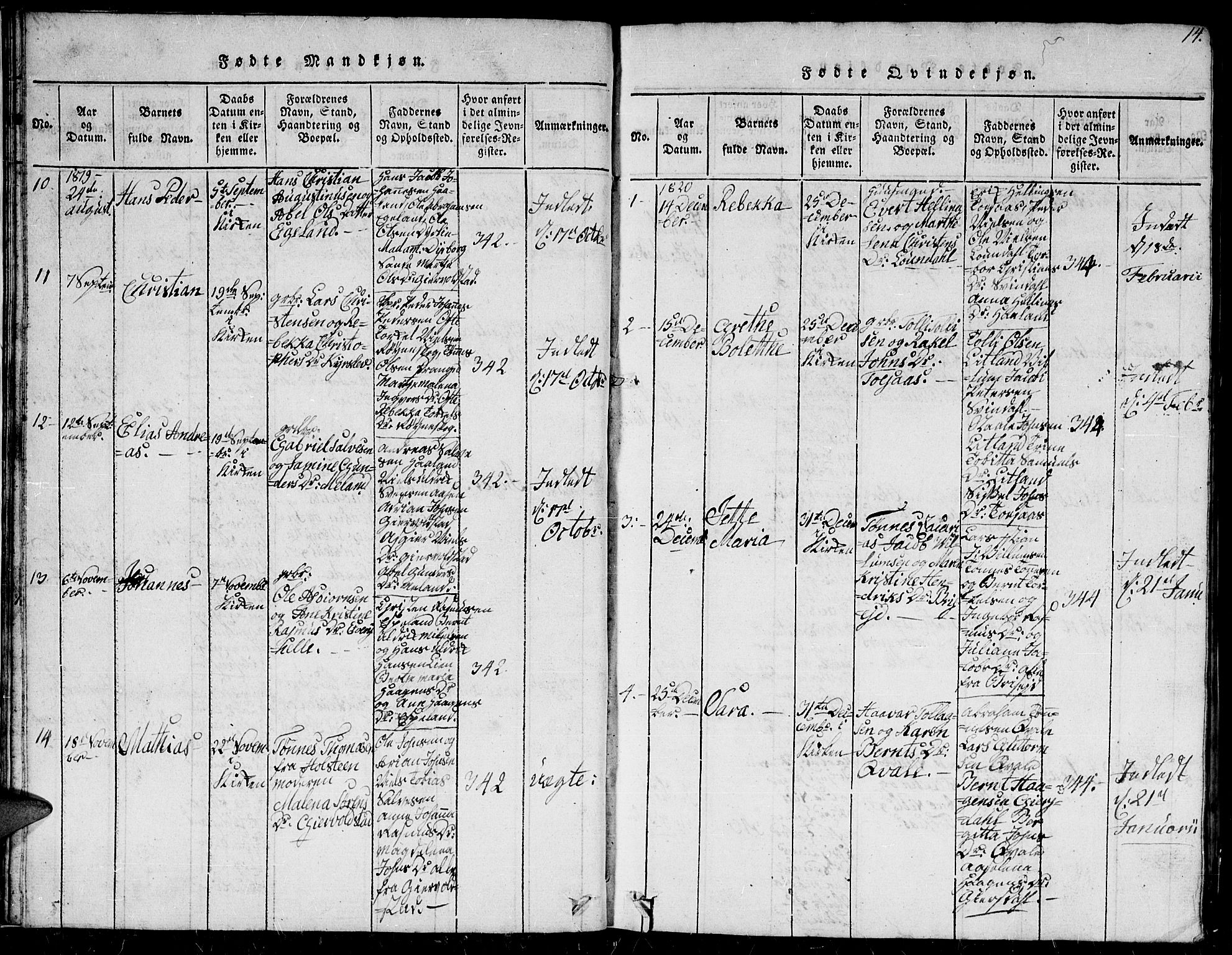 Herad sokneprestkontor, SAK/1111-0018/F/Fb/Fba/L0001: Parish register (copy) no. B 1, 1815-1852, p. 14