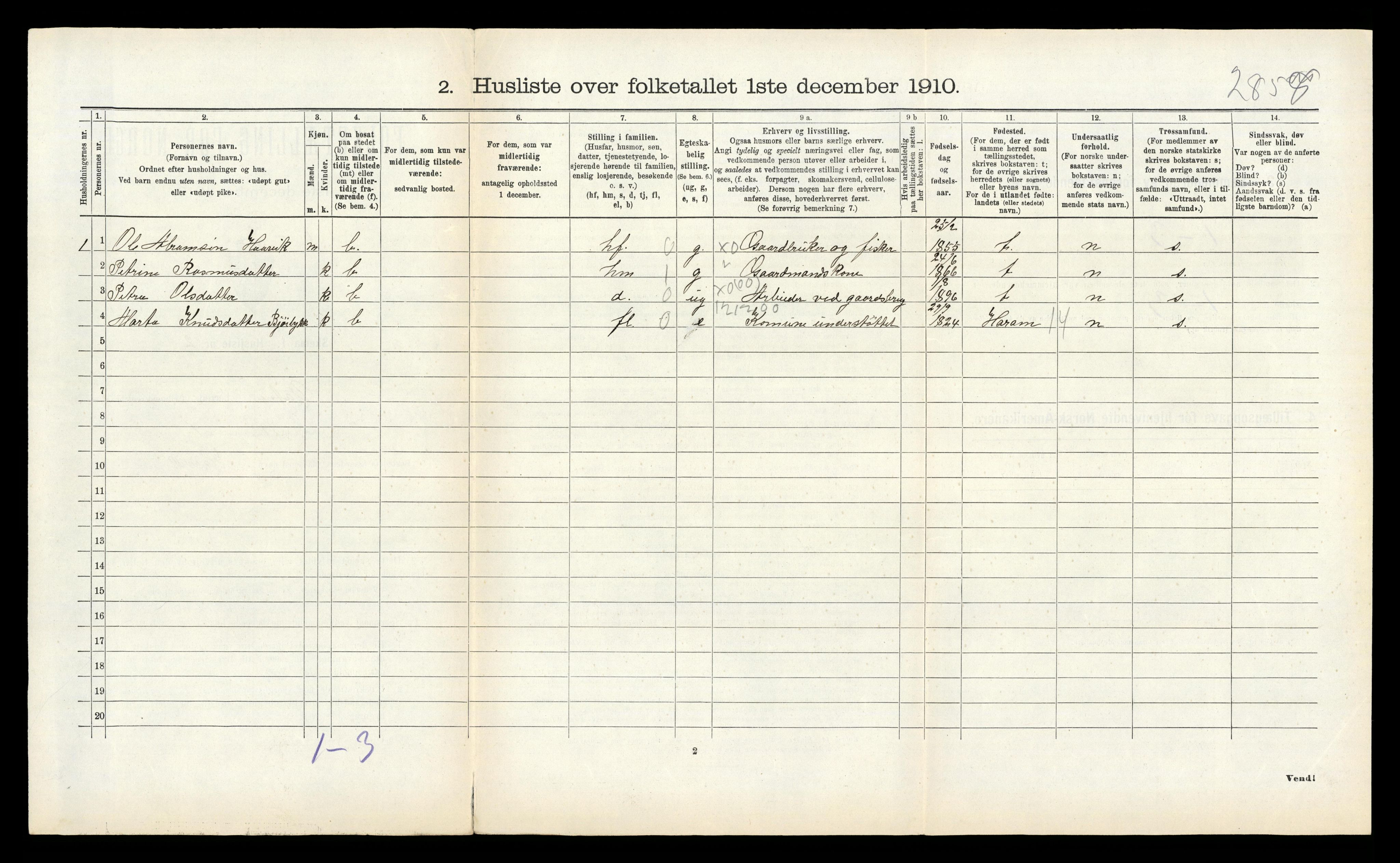 RA, 1910 census for Vatne, 1910, p. 168