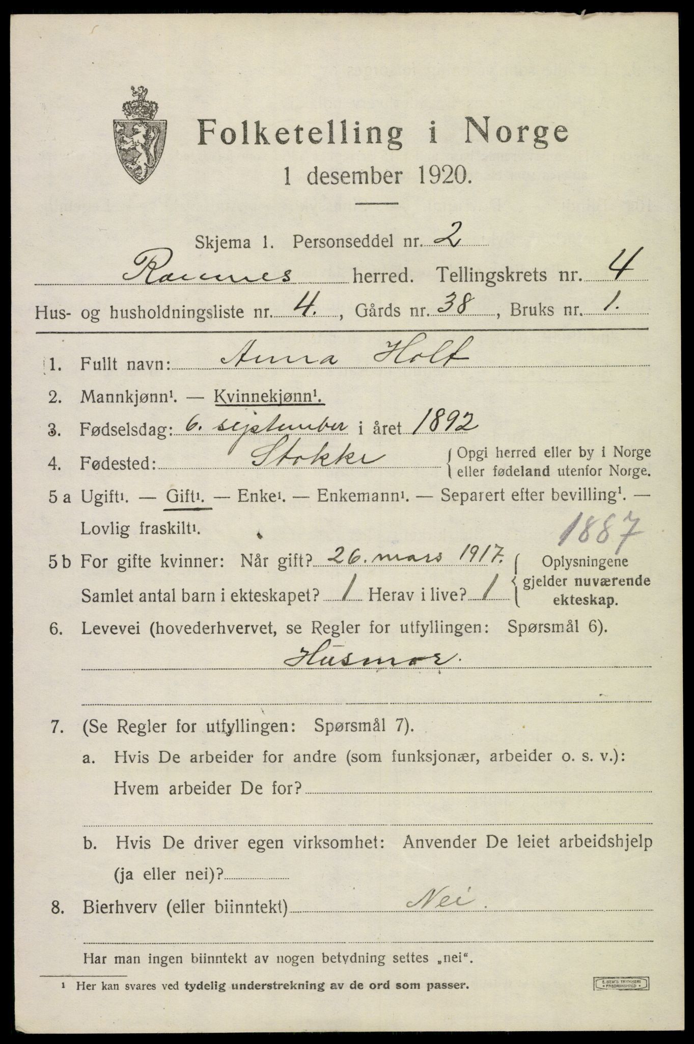 SAKO, 1920 census for Ramnes, 1920, p. 4362