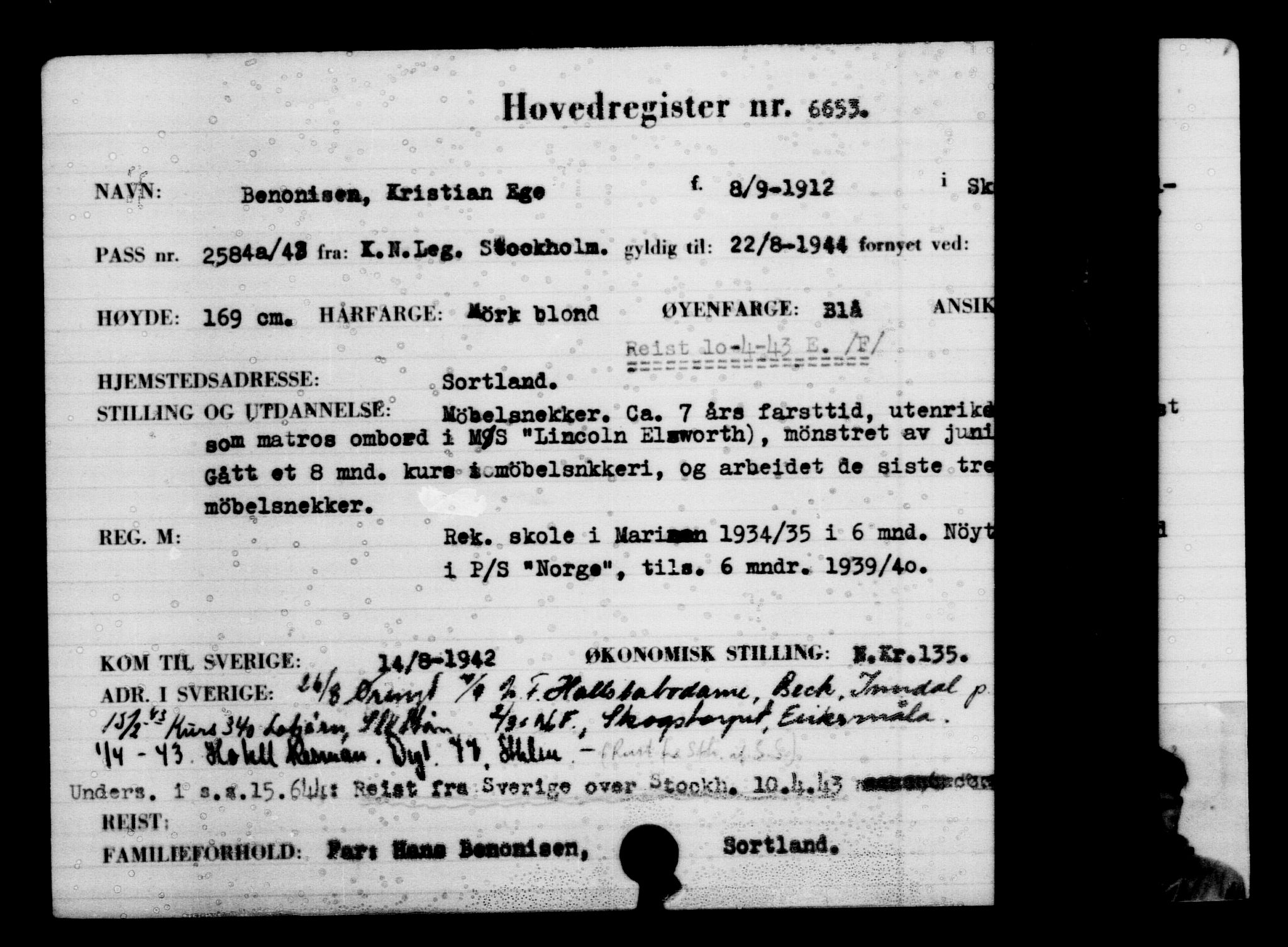 Utenriksstasjonene, Legasjonen i Stockholm, Flyktningkontoret, AV/RA-S-6753/V/Va/L0005: Kjesäterkartoteket, flyktninger med registreringsnr. 6600-9417, 1940-1945, p. 65