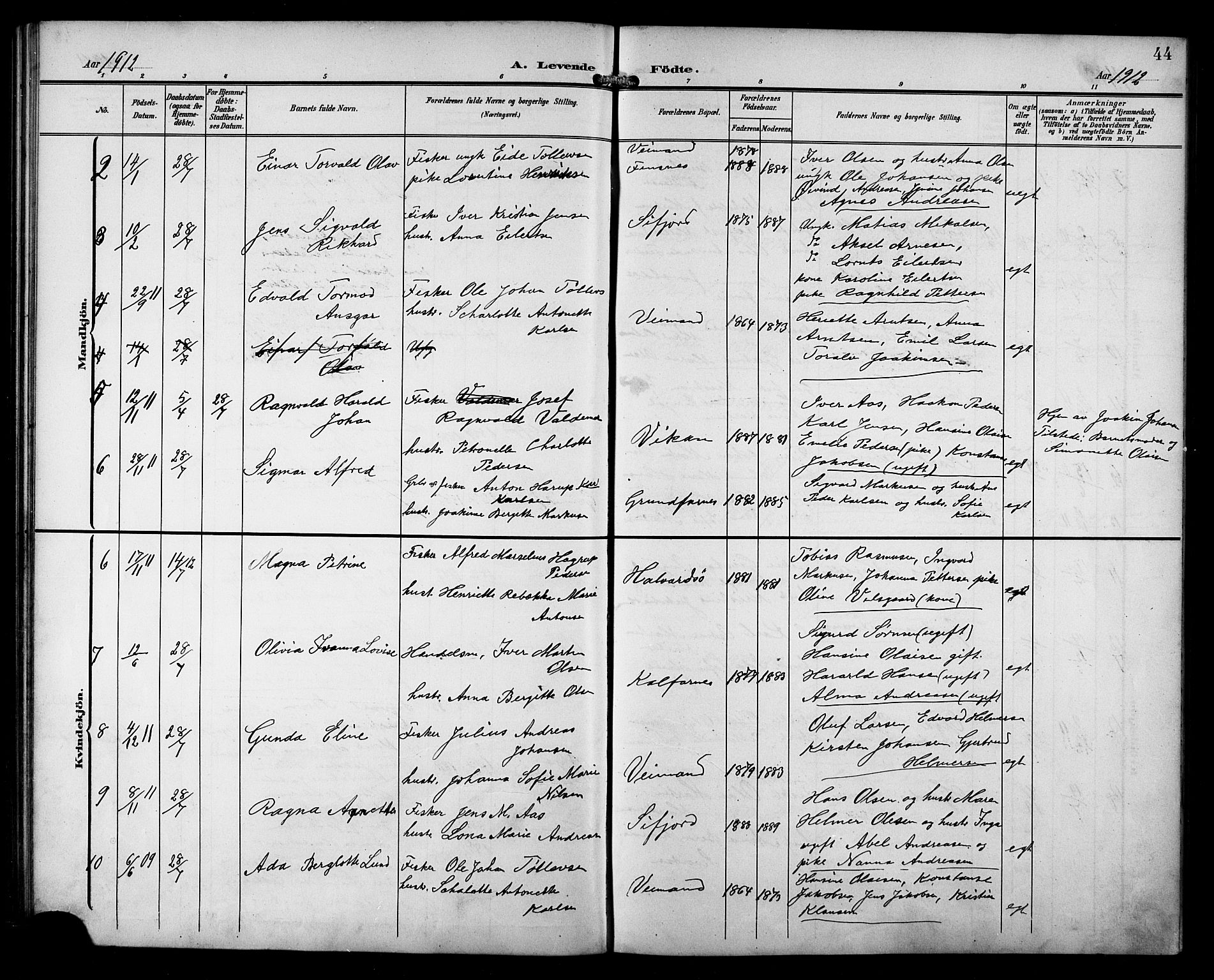 Berg sokneprestkontor, AV/SATØ-S-1318/G/Ga/Gab/L0013klokker: Parish register (copy) no. 13, 1902-1922, p. 44