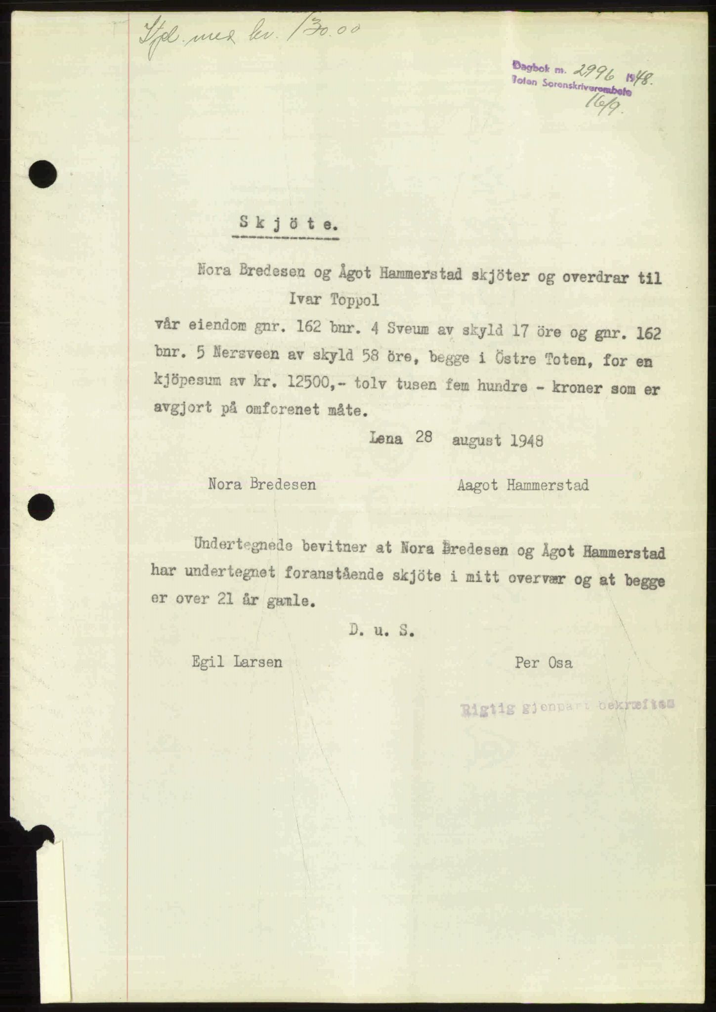 Toten tingrett, SAH/TING-006/H/Hb/Hbc/L0020: Mortgage book no. Hbc-20, 1948-1948, Diary no: : 2996/1948
