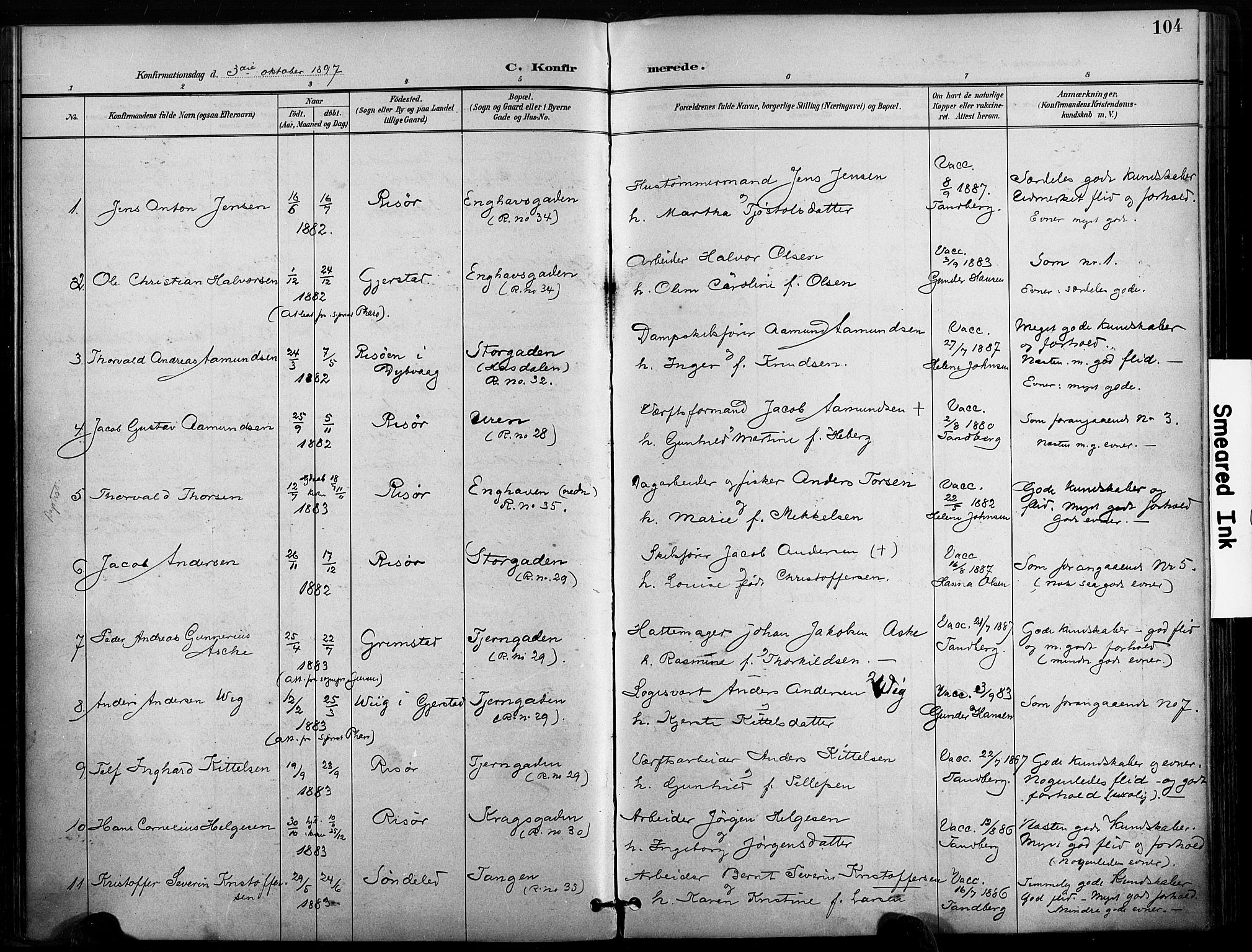 Risør sokneprestkontor, AV/SAK-1111-0035/F/Fa/L0010: Parish register (official) no. A 10, 1896-1906, p. 104