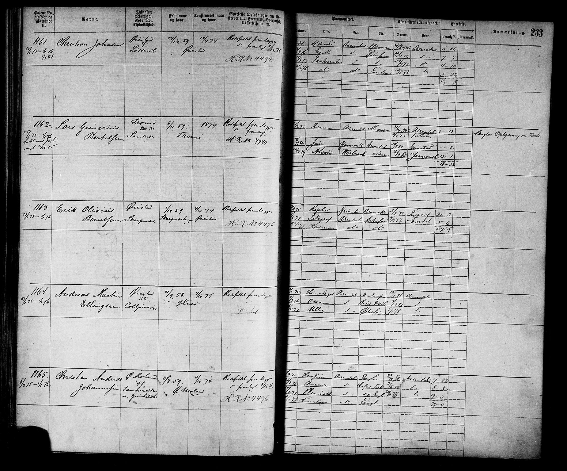 Arendal mønstringskrets, SAK/2031-0012/F/Fa/L0002: Annotasjonsrulle nr 1-1910 med register, S-2, 1868-1880, p. 264