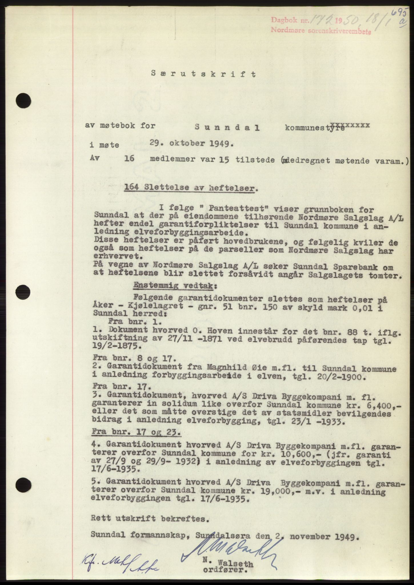 Nordmøre sorenskriveri, AV/SAT-A-4132/1/2/2Ca: Mortgage book no. B103, 1949-1950, Diary no: : 172/1950