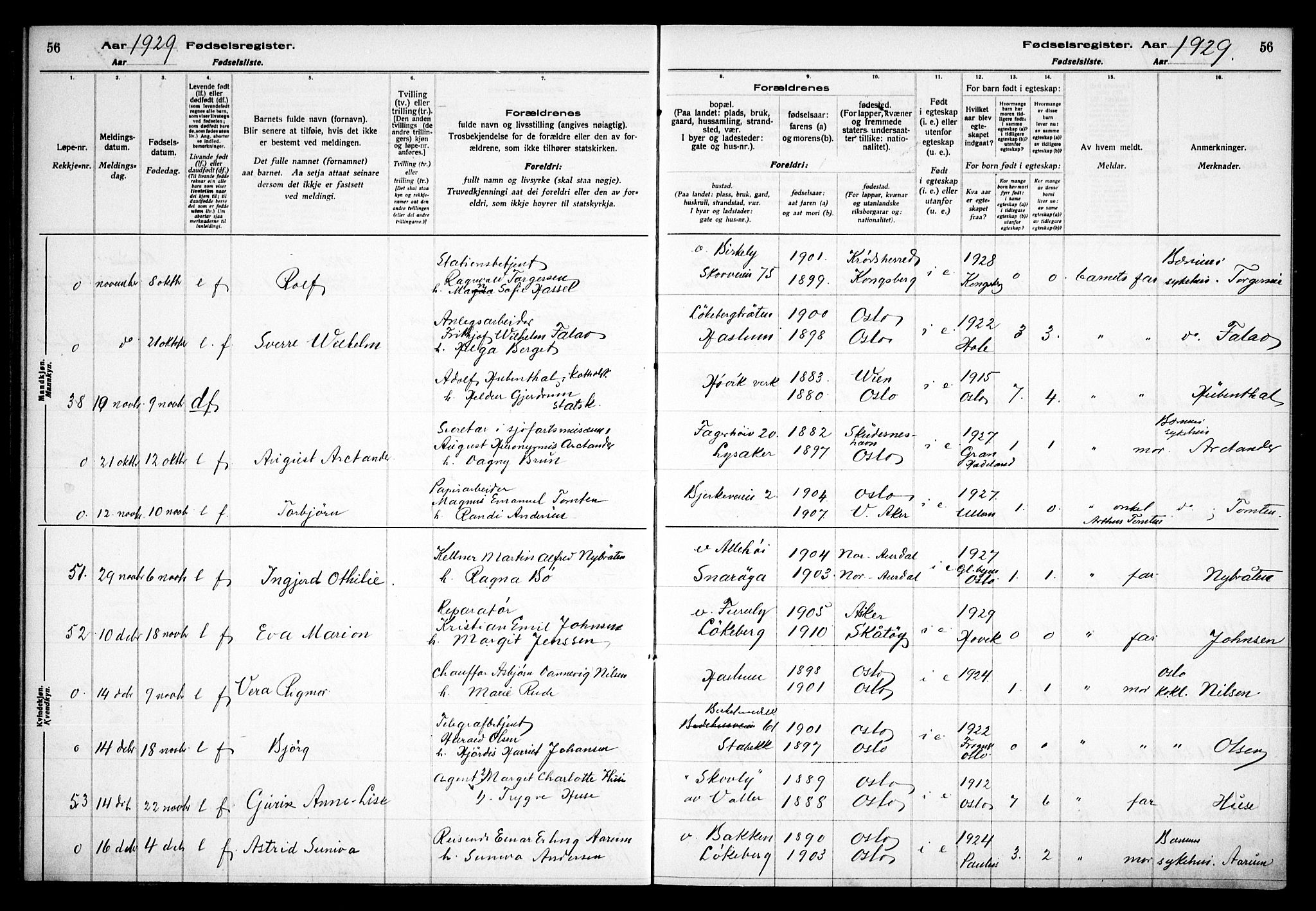 Østre Bærum prestekontor Kirkebøker, AV/SAO-A-10887/J/Ja/L0003: Birth register no. 3, 1928-1933, p. 56