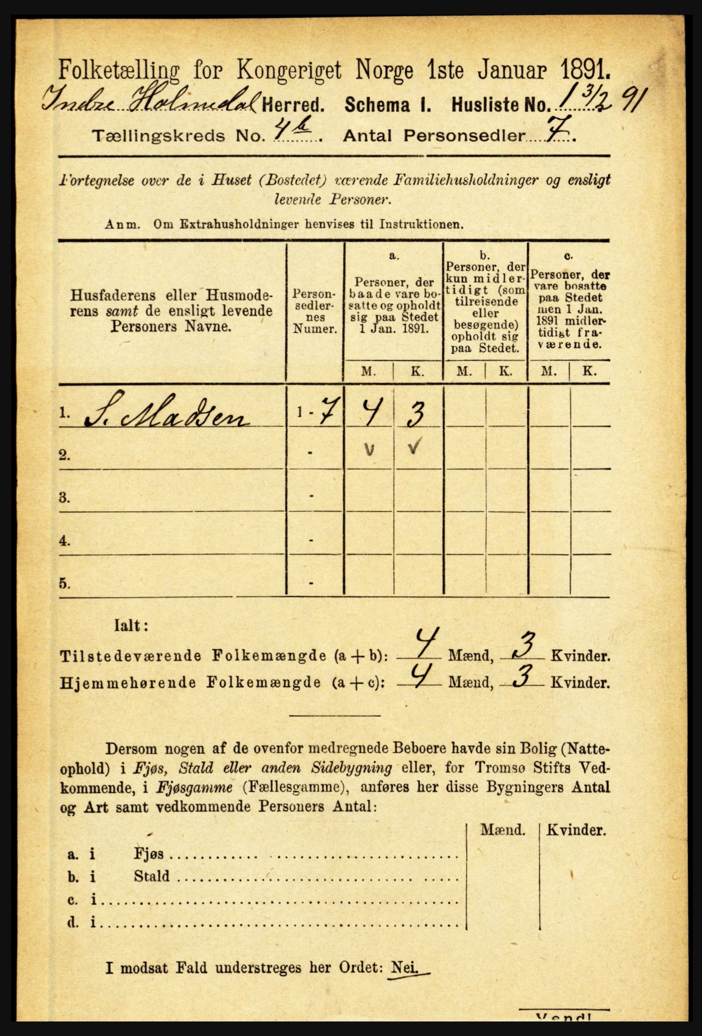 RA, 1891 census for 1430 Indre Holmedal, 1891, p. 1424