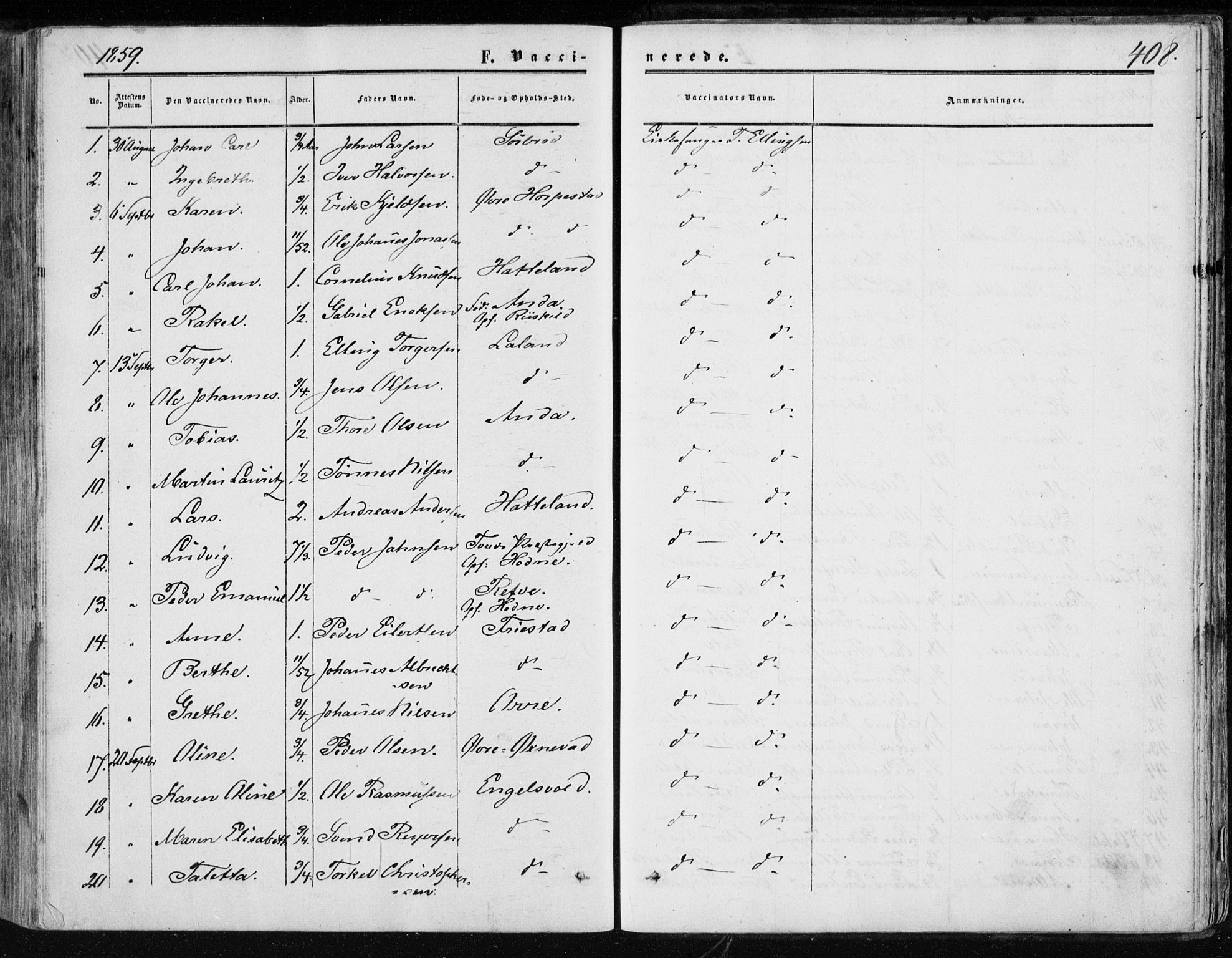 Klepp sokneprestkontor, SAST/A-101803/001/3/30BA/L0005: Parish register (official) no. A 5, 1853-1870, p. 408