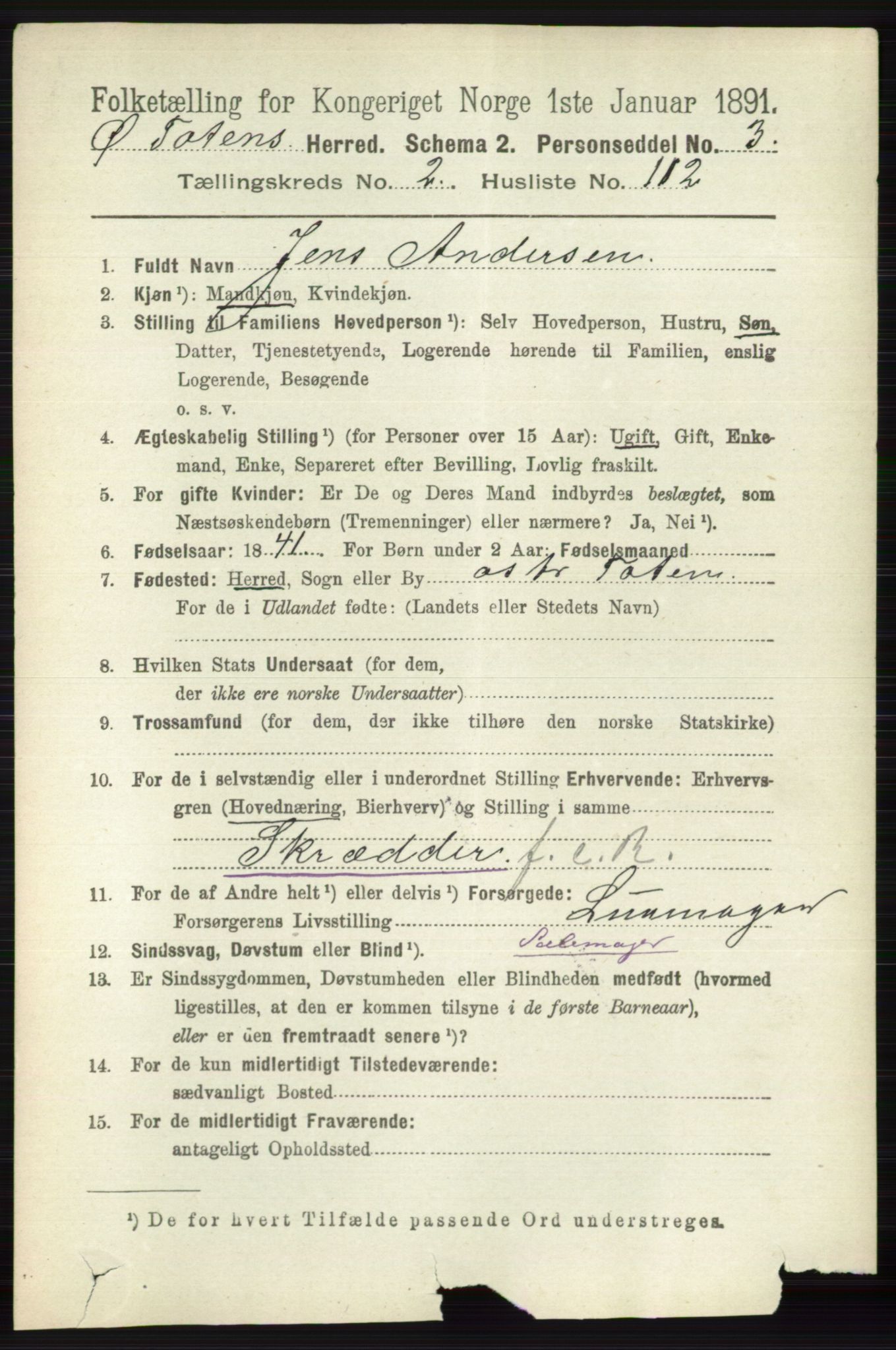 RA, 1891 census for 0528 Østre Toten, 1891, p. 1425