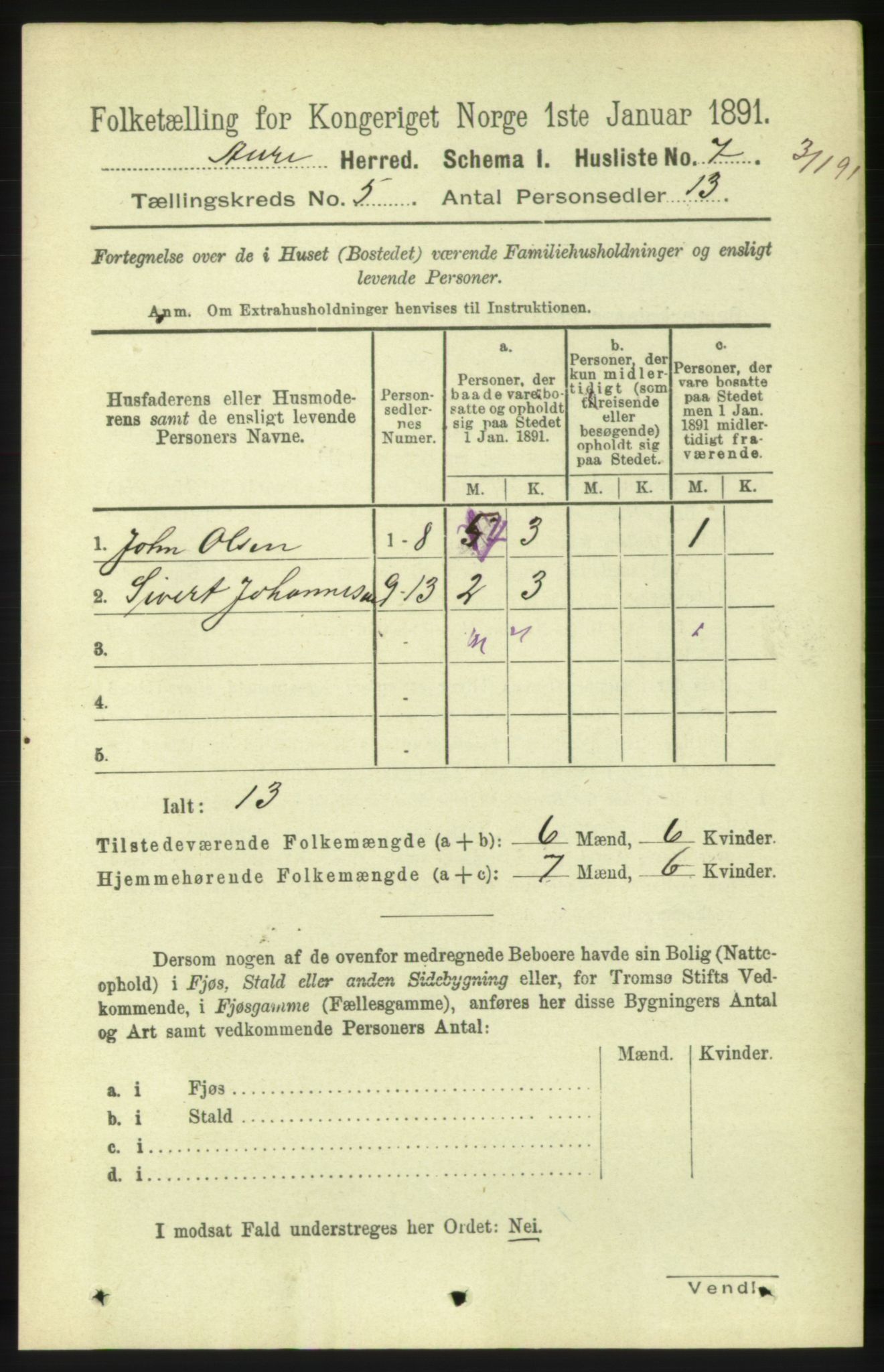 RA, 1891 census for 1569 Aure, 1891, p. 2619