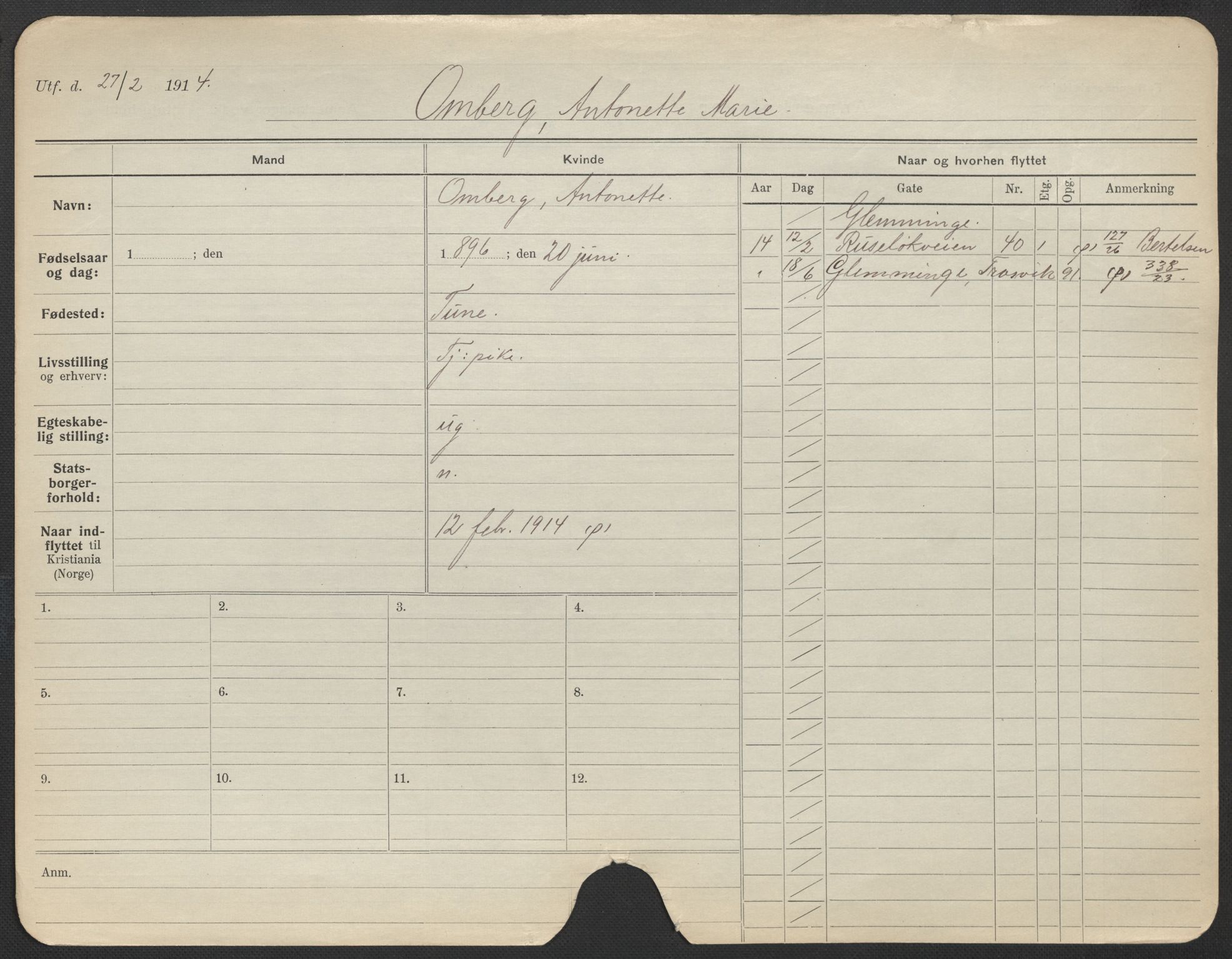 Oslo folkeregister, Registerkort, AV/SAO-A-11715/F/Fa/Fac/L0022: Kvinner, 1906-1914, p. 397a