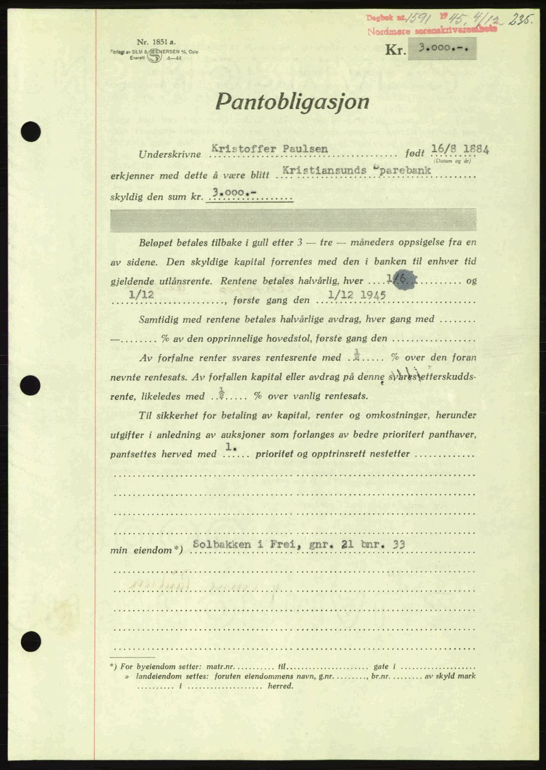 Nordmøre sorenskriveri, AV/SAT-A-4132/1/2/2Ca: Mortgage book no. B93a, 1945-1945, Diary no: : 1591/1945