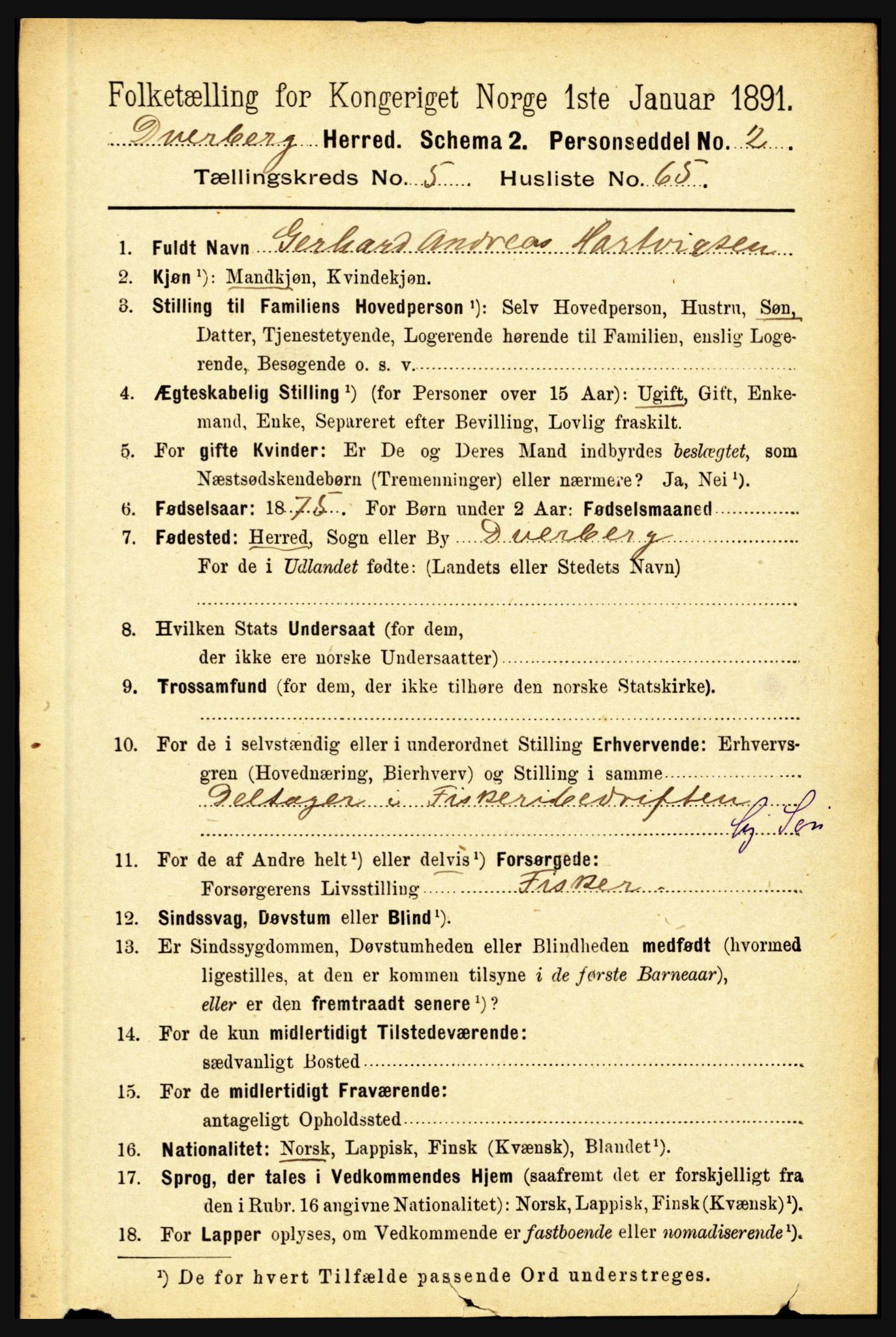 RA, 1891 census for 1872 Dverberg, 1891, p. 2007