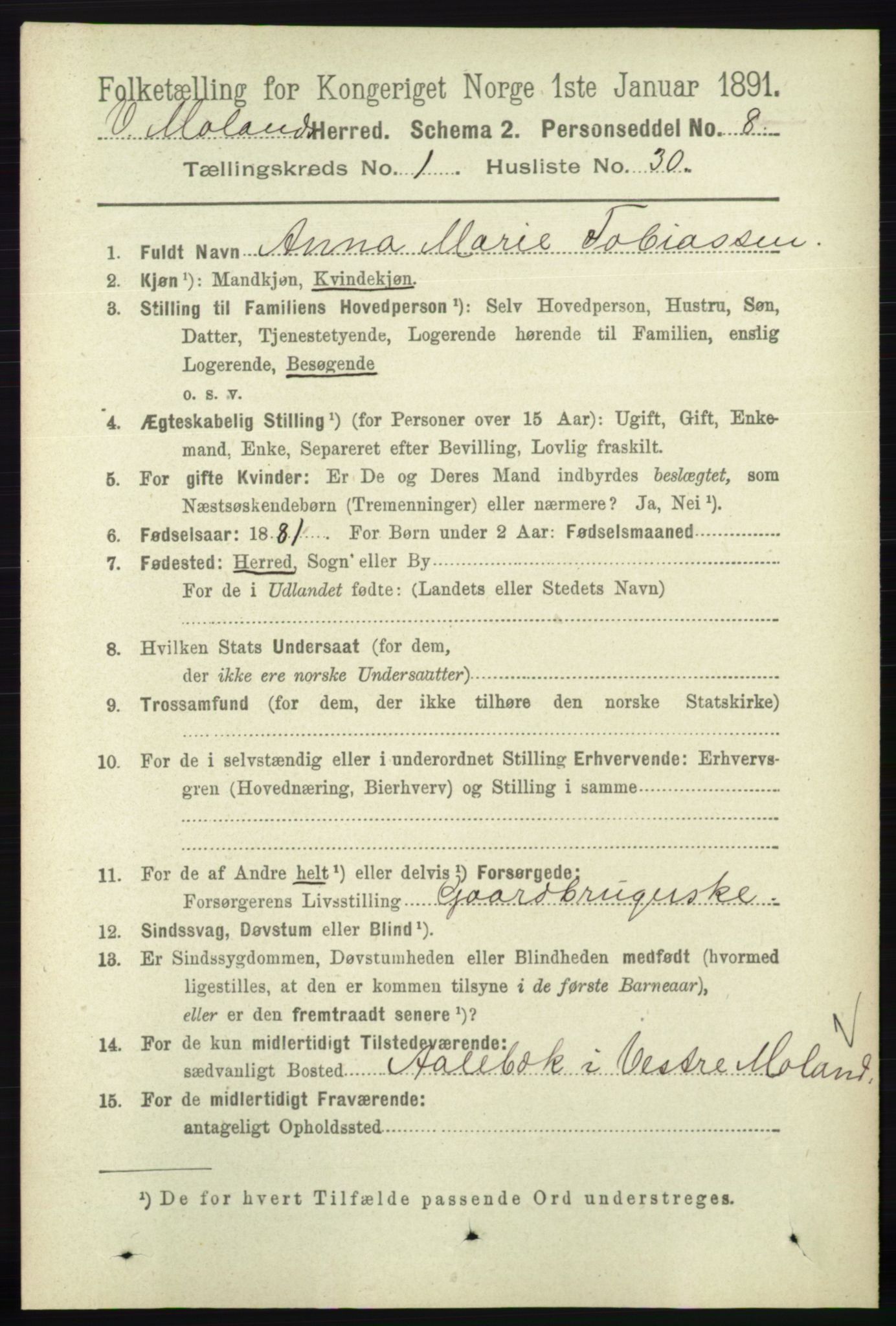 RA, 1891 census for 0926 Vestre Moland, 1891, p. 285