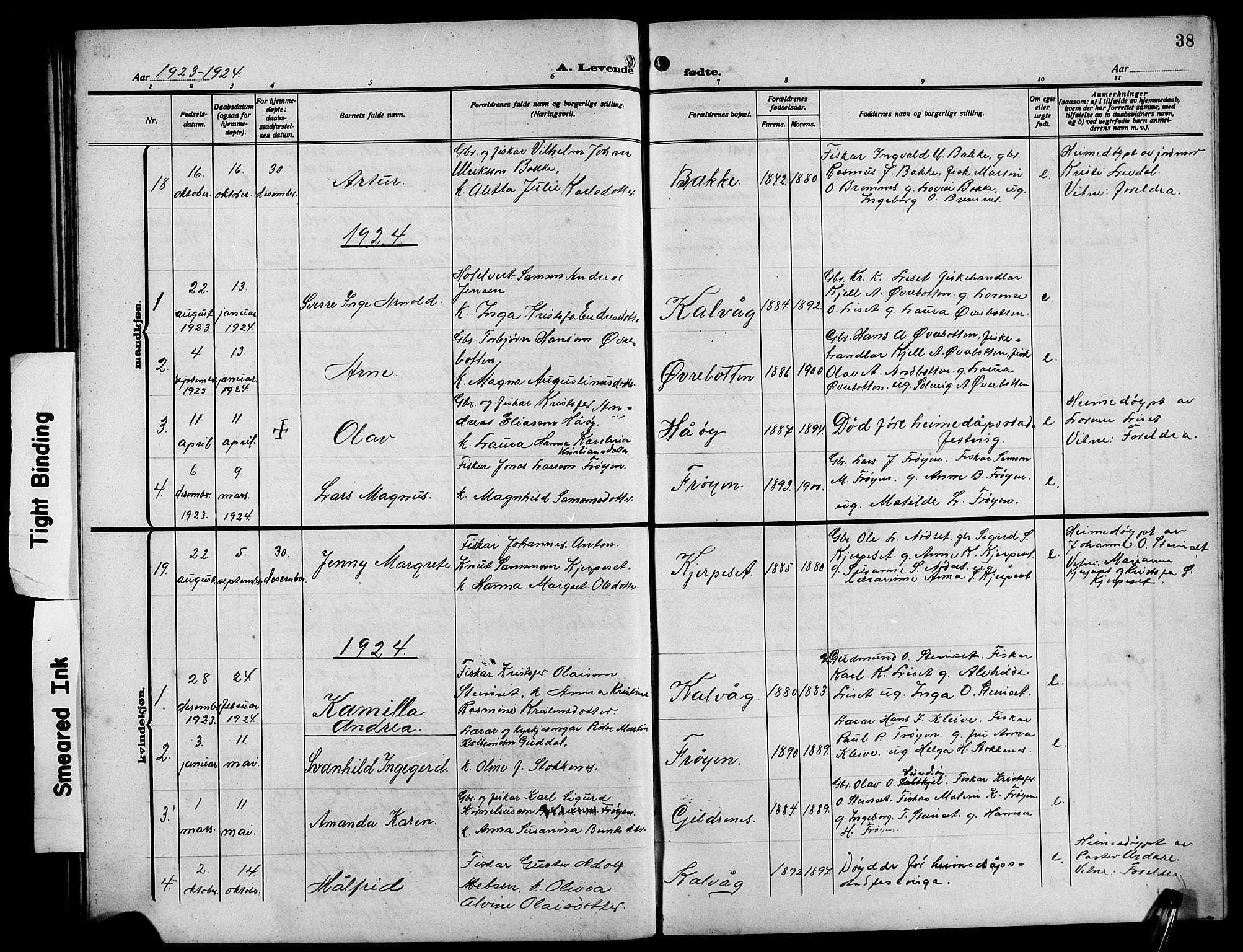 Bremanger sokneprestembete, SAB/A-82201/H/Hab/Habb/L0001: Parish register (copy) no. B 1, 1906-1925, p. 38