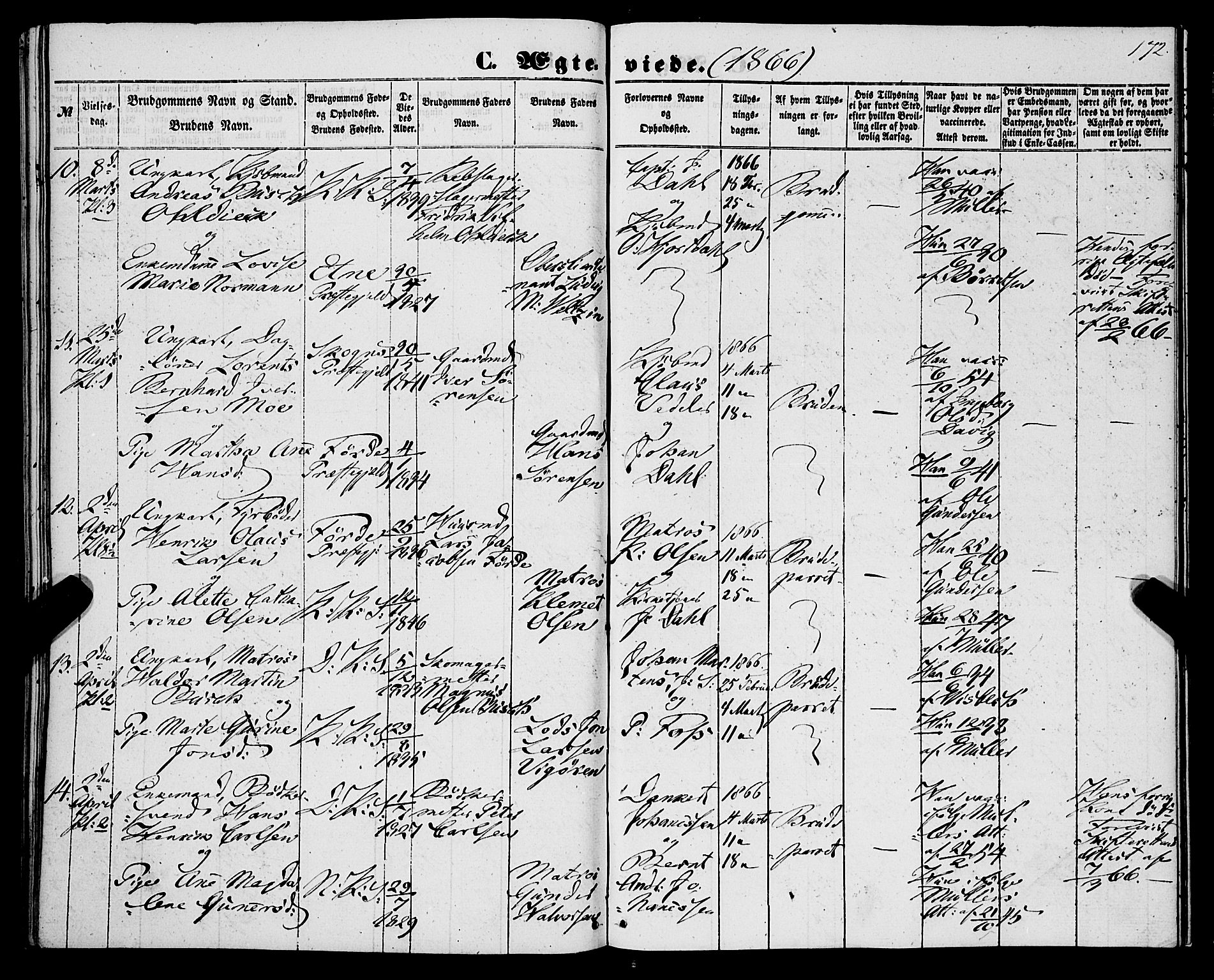 Korskirken sokneprestembete, SAB/A-76101/H/Haa/L0035: Parish register (official) no. D 2, 1852-1867, p. 172