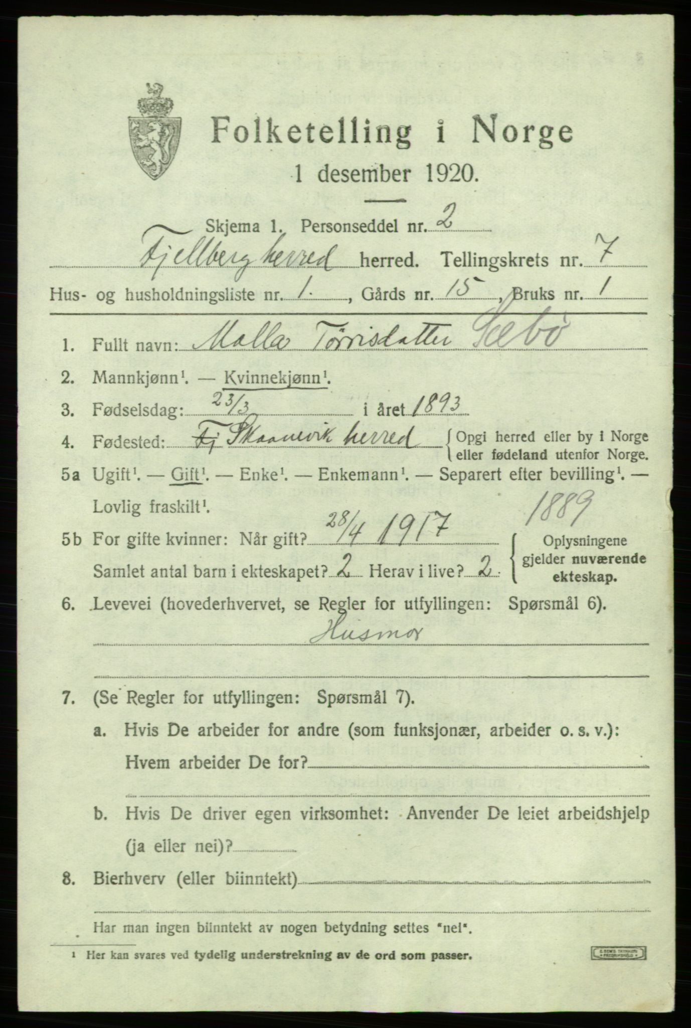 SAB, 1920 census for Fjelberg, 1920, p. 2741