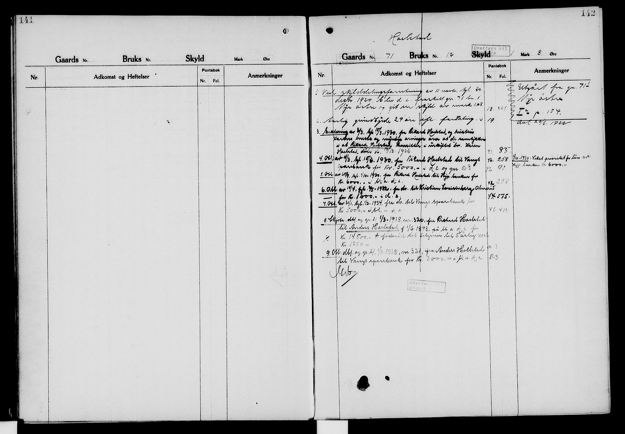 Nord-Hedmark sorenskriveri, SAH/TING-012/H/Ha/Had/Hade/L0006: Mortgage register no. 4.6, 1920-1940, p. 141-142