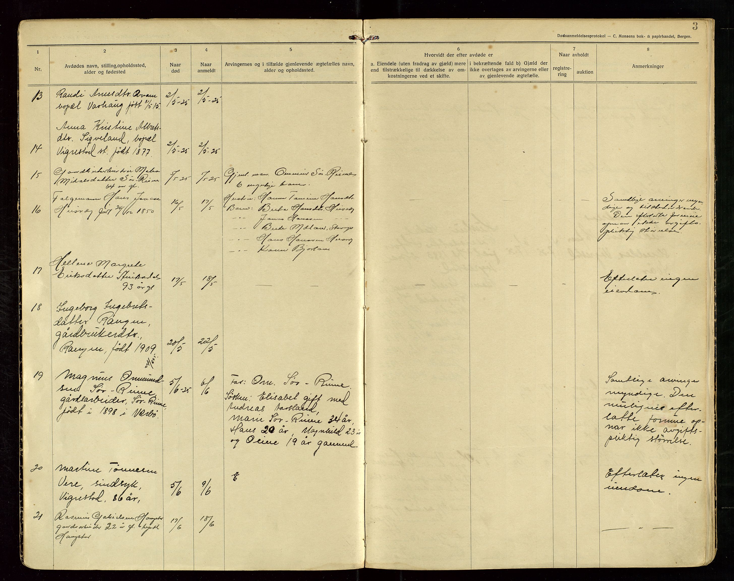 Hå lensmannskontor, SAST/A-100456/Gga/L0003: Dødsfallsprotokoll, 1925-1931, p. 3