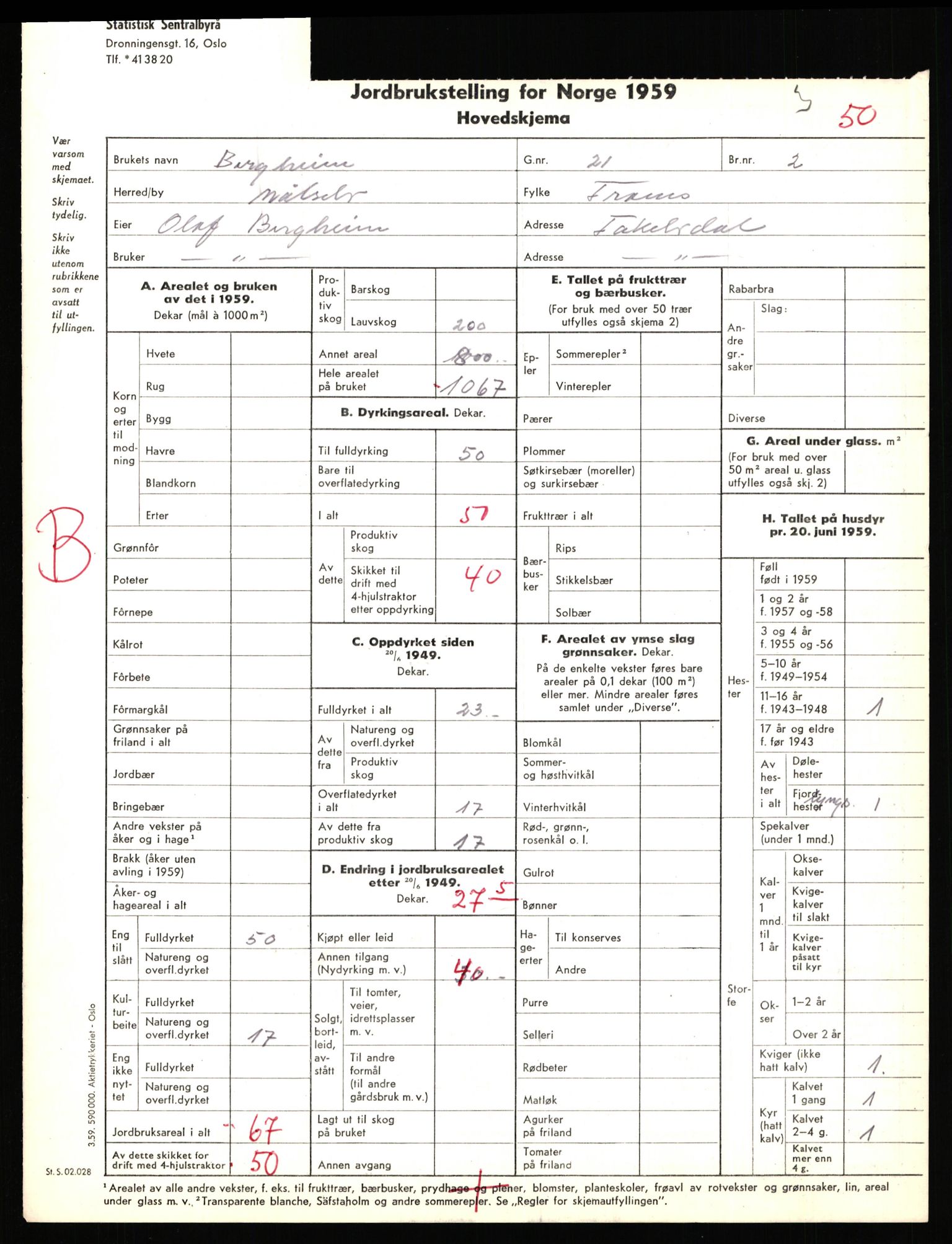 Statistisk sentralbyrå, Næringsøkonomiske emner, Jordbruk, skogbruk, jakt, fiske og fangst, AV/RA-S-2234/G/Gd/L0655: Troms: 1924 Målselv (kl. 4-10), 1959, p. 1011