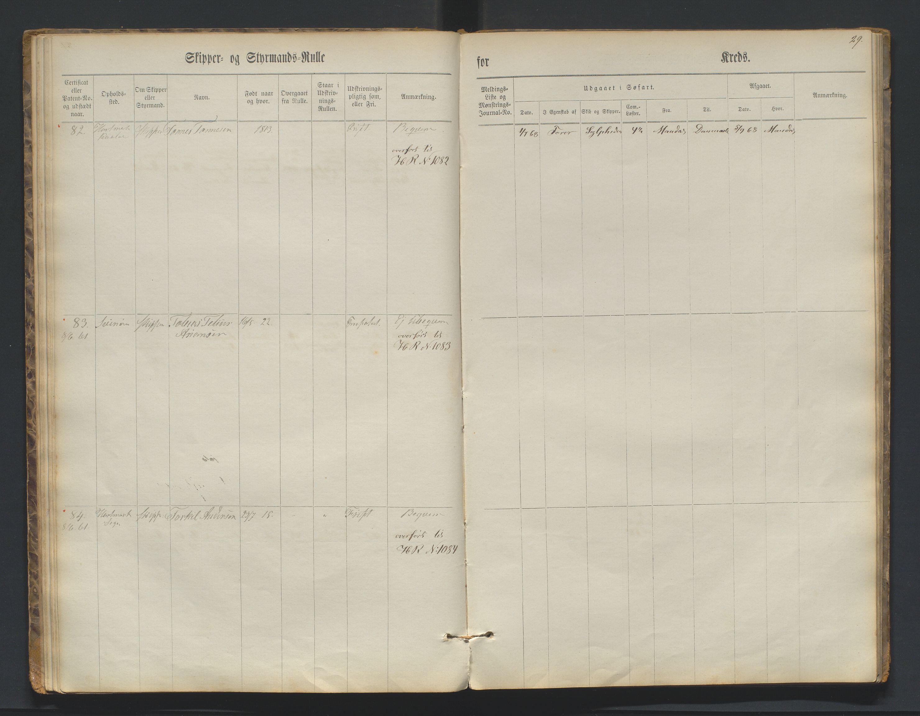 Mandal mønstringskrets, AV/SAK-2031-0016/F/Fc/L0001: Skipper- og styrmannsrulle nr 1-219, med register, L-17, 1860-1869, p. 29