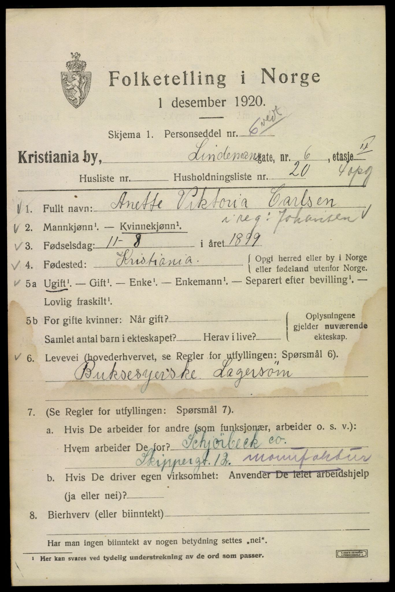 SAO, 1920 census for Kristiania, 1920, p. 365021