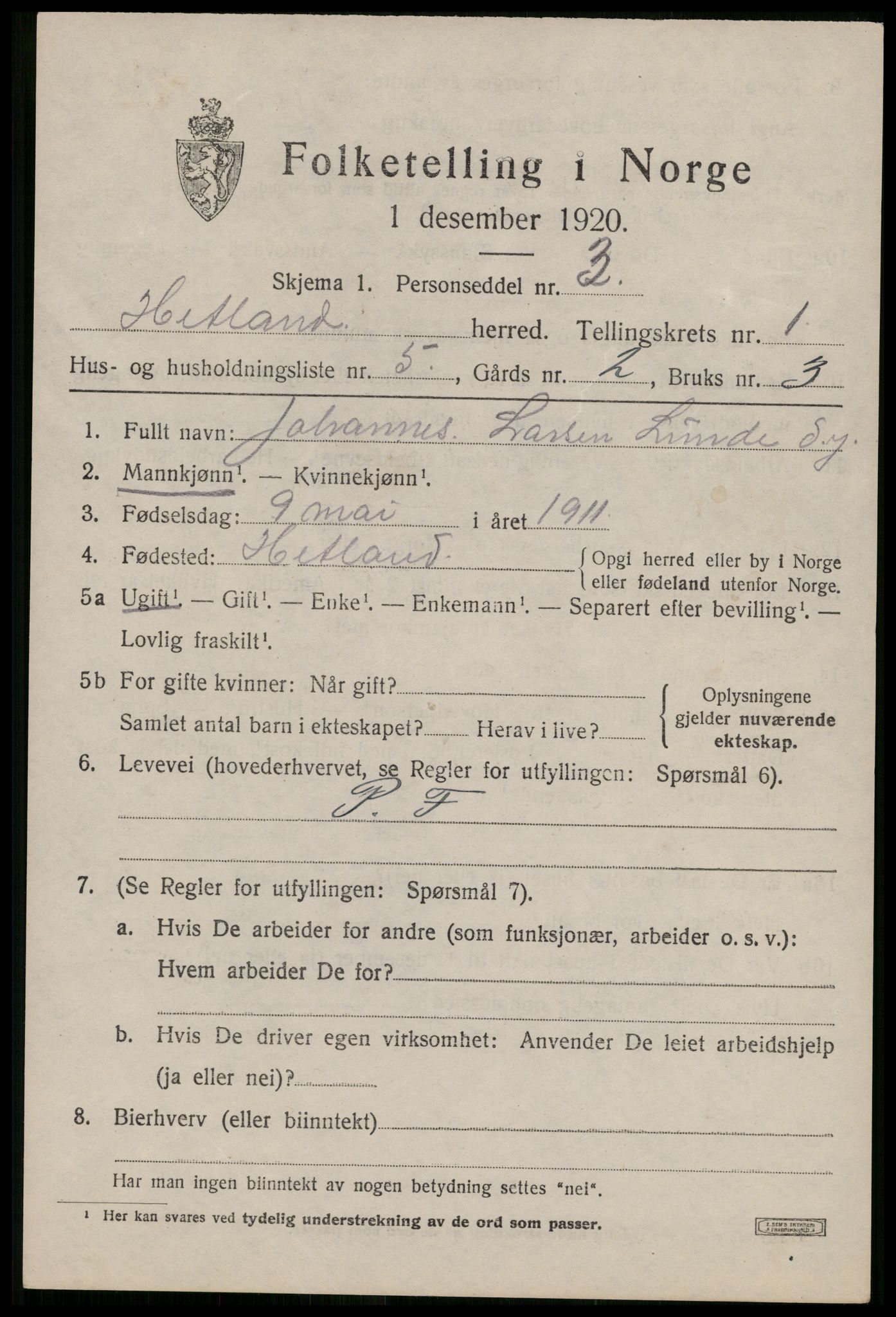SAST, 1920 census for Hetland, 1920, p. 3621