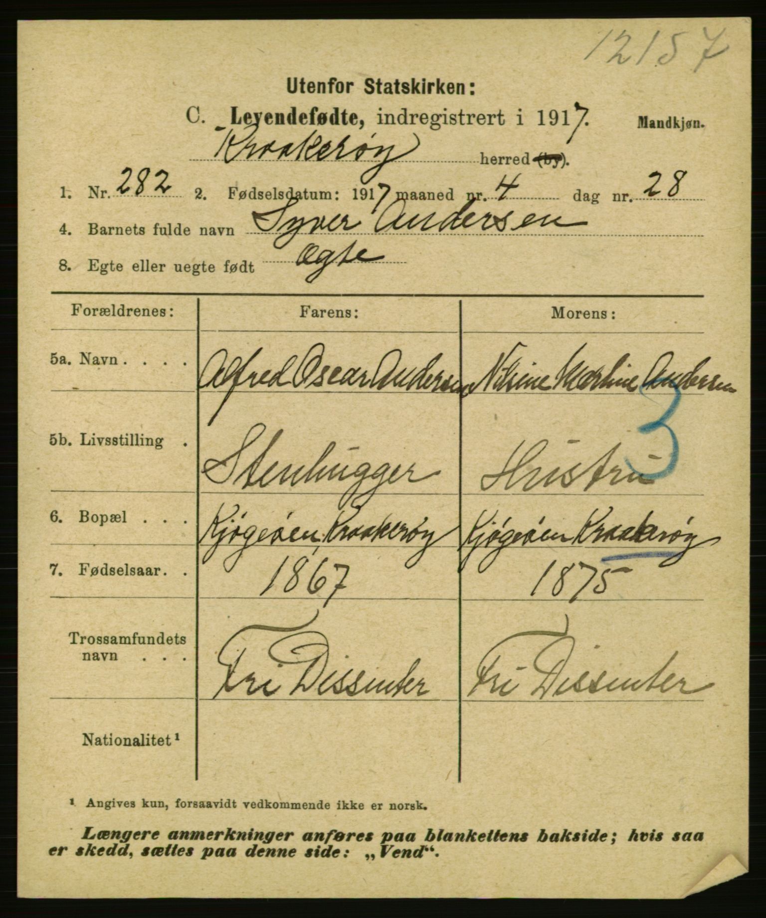 Statistisk sentralbyrå, Sosiodemografiske emner, Befolkning, AV/RA-S-2228/E/L0015: Fødte, gifte, døde dissentere., 1917, p. 5