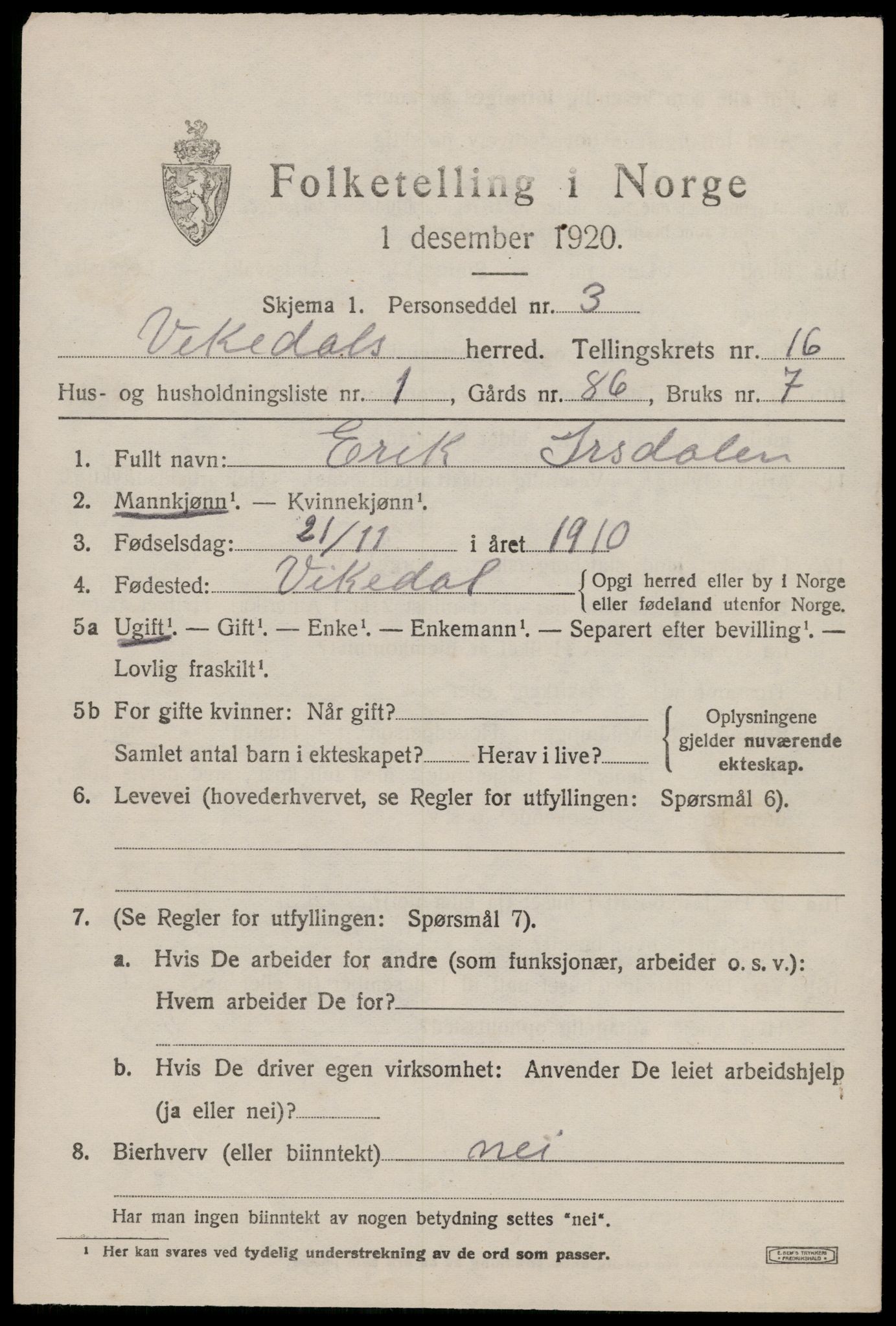 SAST, 1920 census for Vikedal, 1920, p. 4779