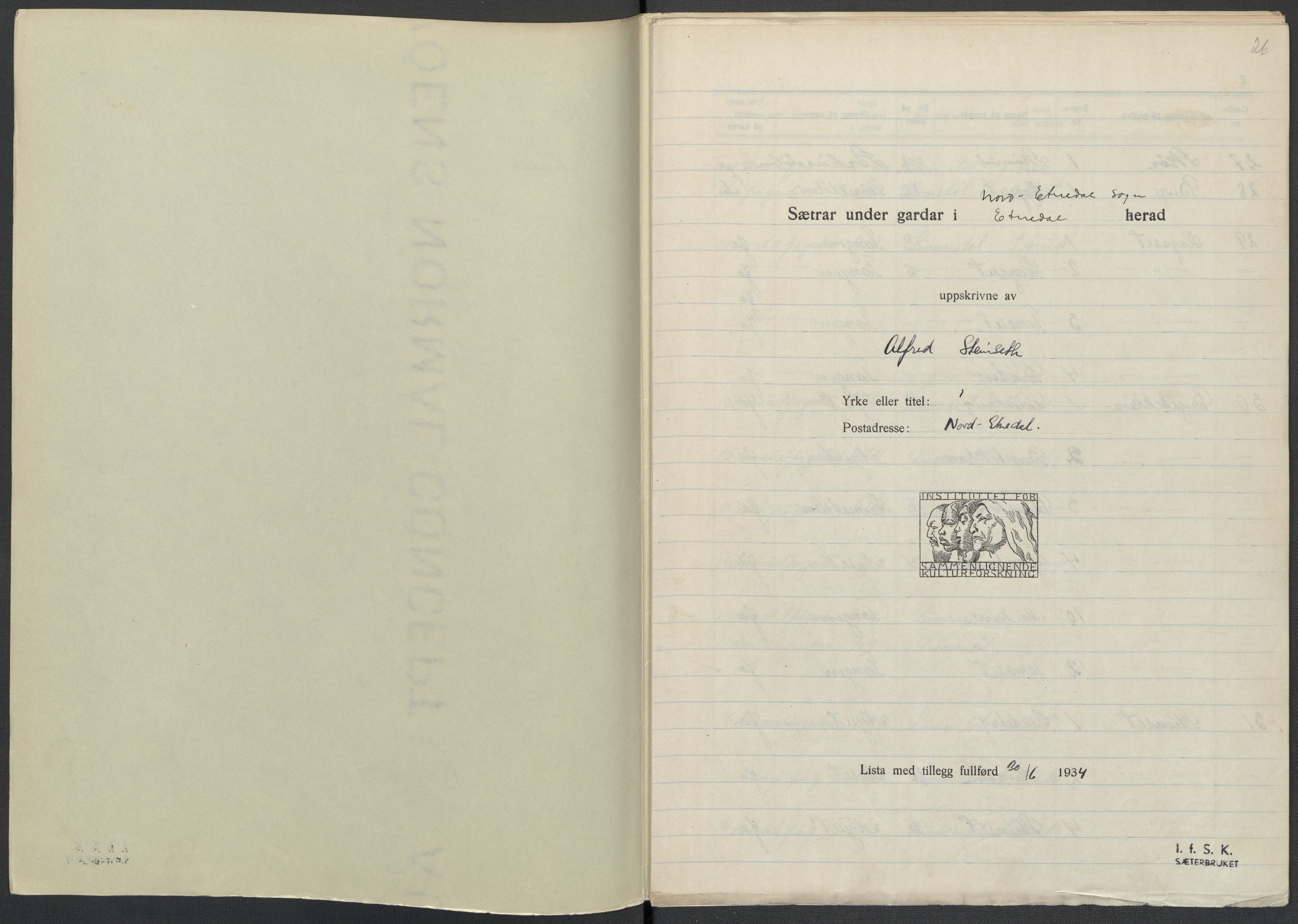 Instituttet for sammenlignende kulturforskning, AV/RA-PA-0424/F/Fc/L0005/0001: Eske B5: / Oppland (perm X), 1934-1935, p. 26