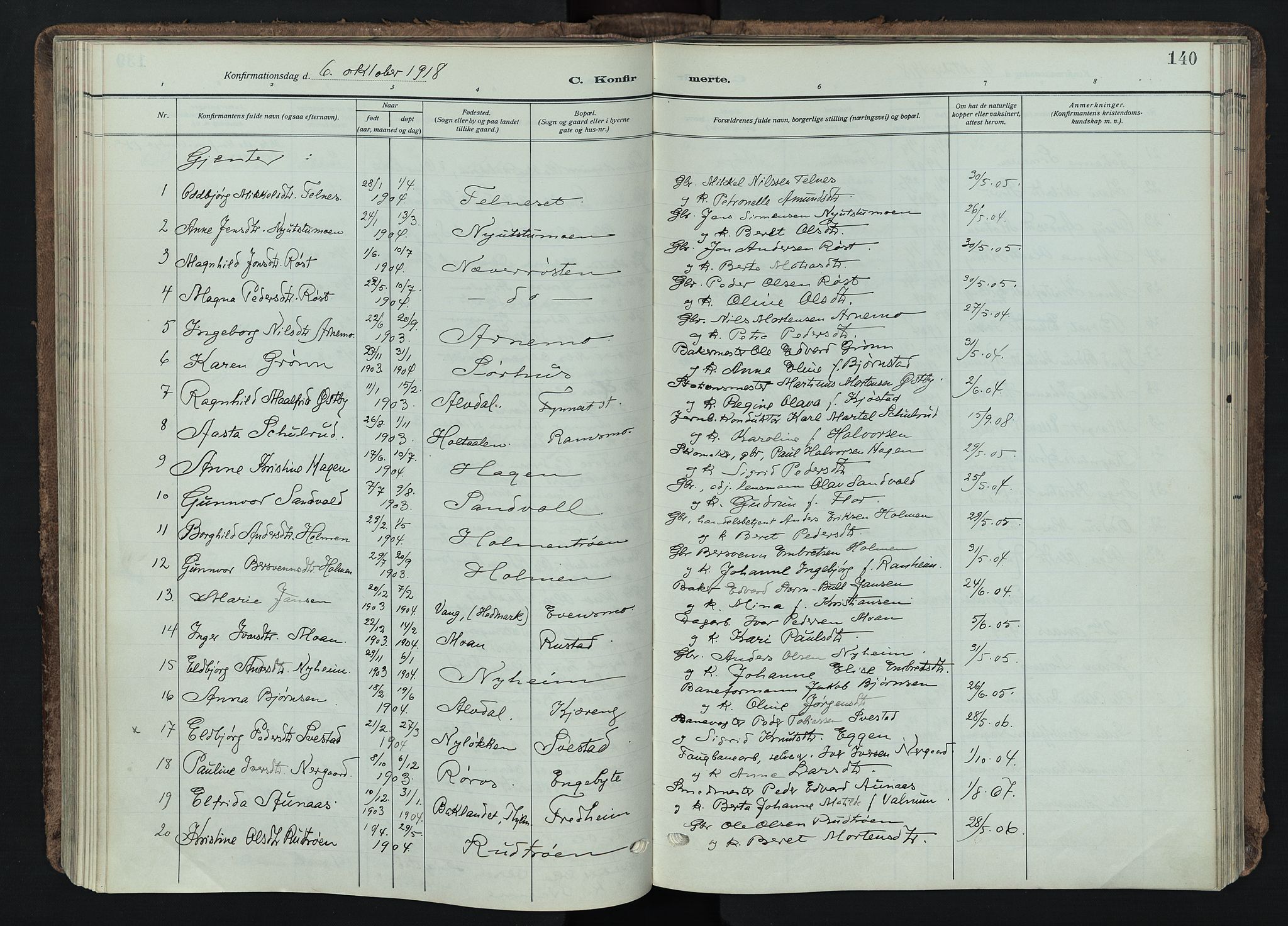 Tynset prestekontor, AV/SAH-PREST-058/H/Ha/Haa/L0026: Parish register (official) no. 26, 1915-1929, p. 140