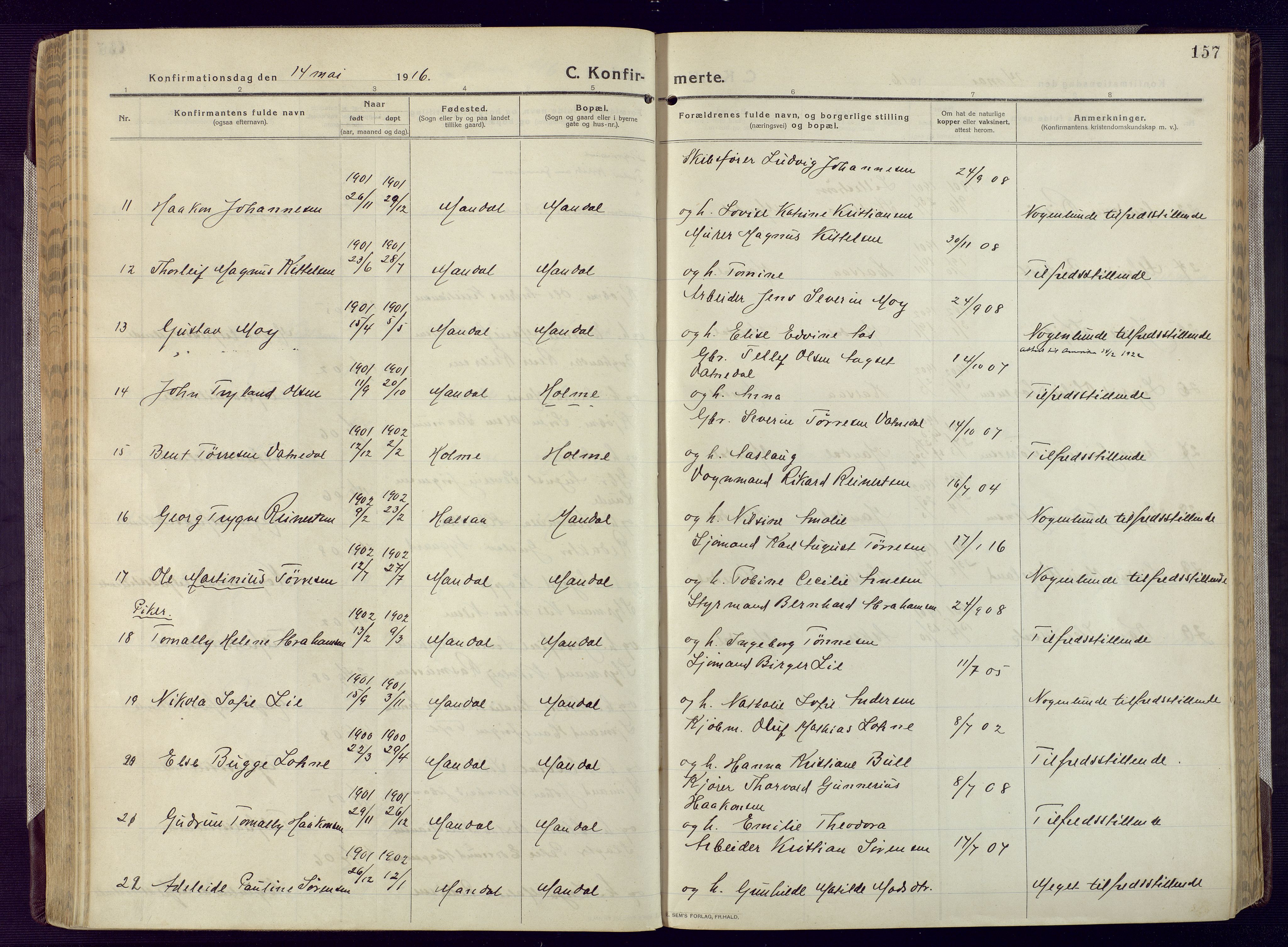 Mandal sokneprestkontor, AV/SAK-1111-0030/F/Fa/Fac/L0001: Parish register (official) no. A 1, 1913-1925, p. 157