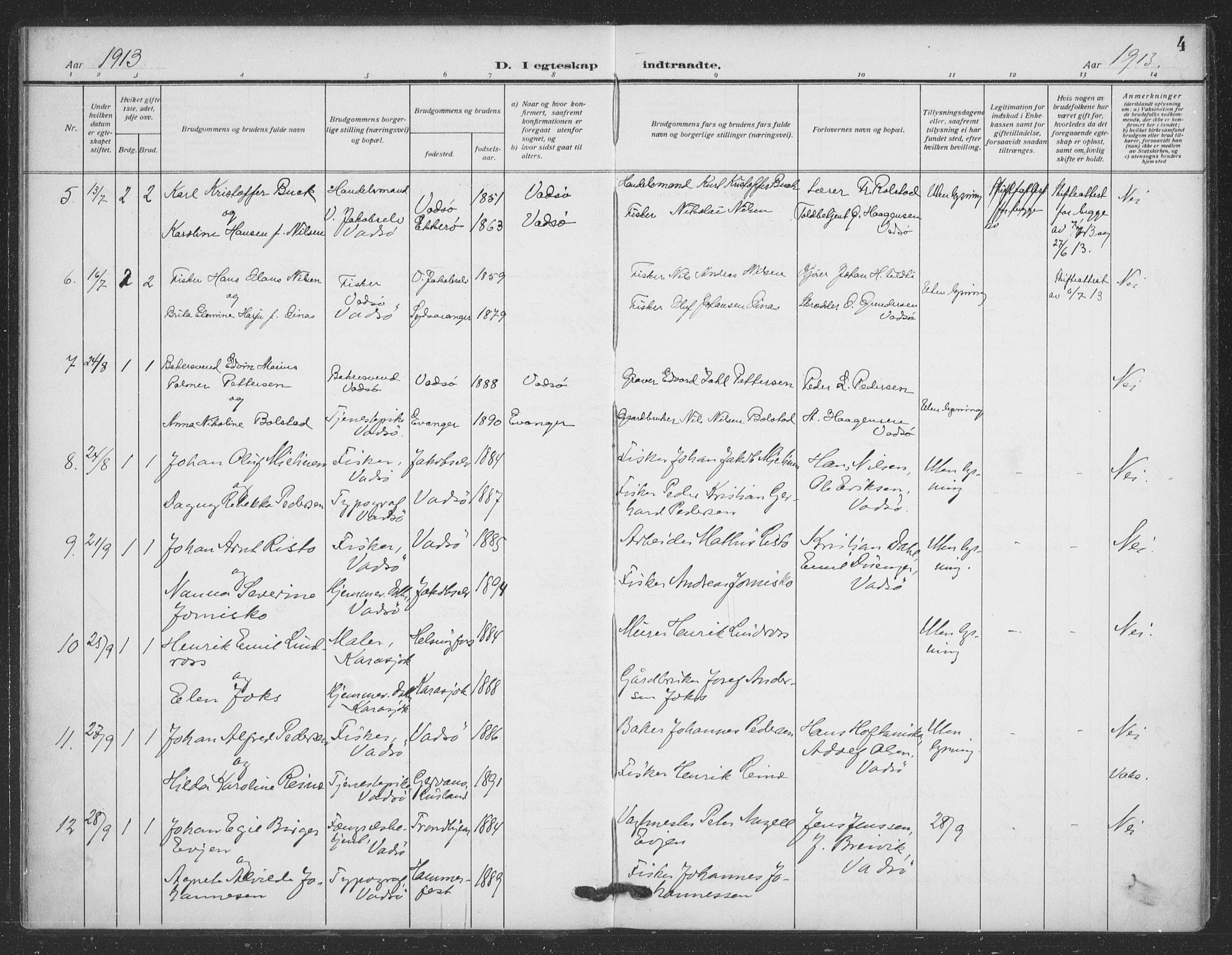 Vadsø sokneprestkontor, SATØ/S-1325/H/Ha/L0008kirke: Parish register (official) no. 8, 1912-1930, p. 4