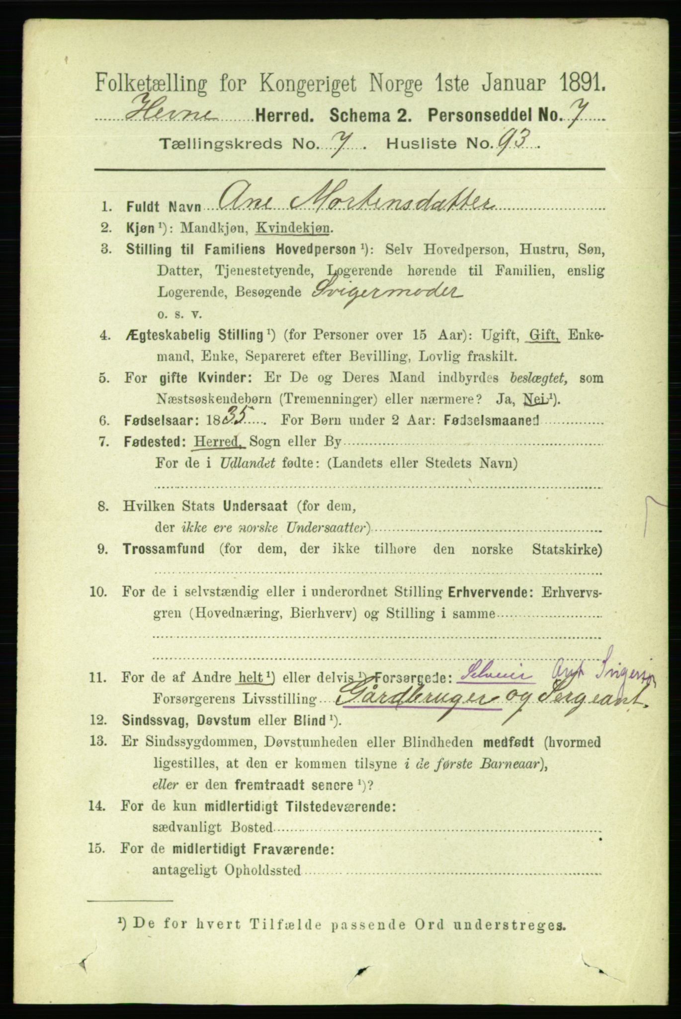 RA, 1891 census for 1612 Hemne, 1891, p. 4832