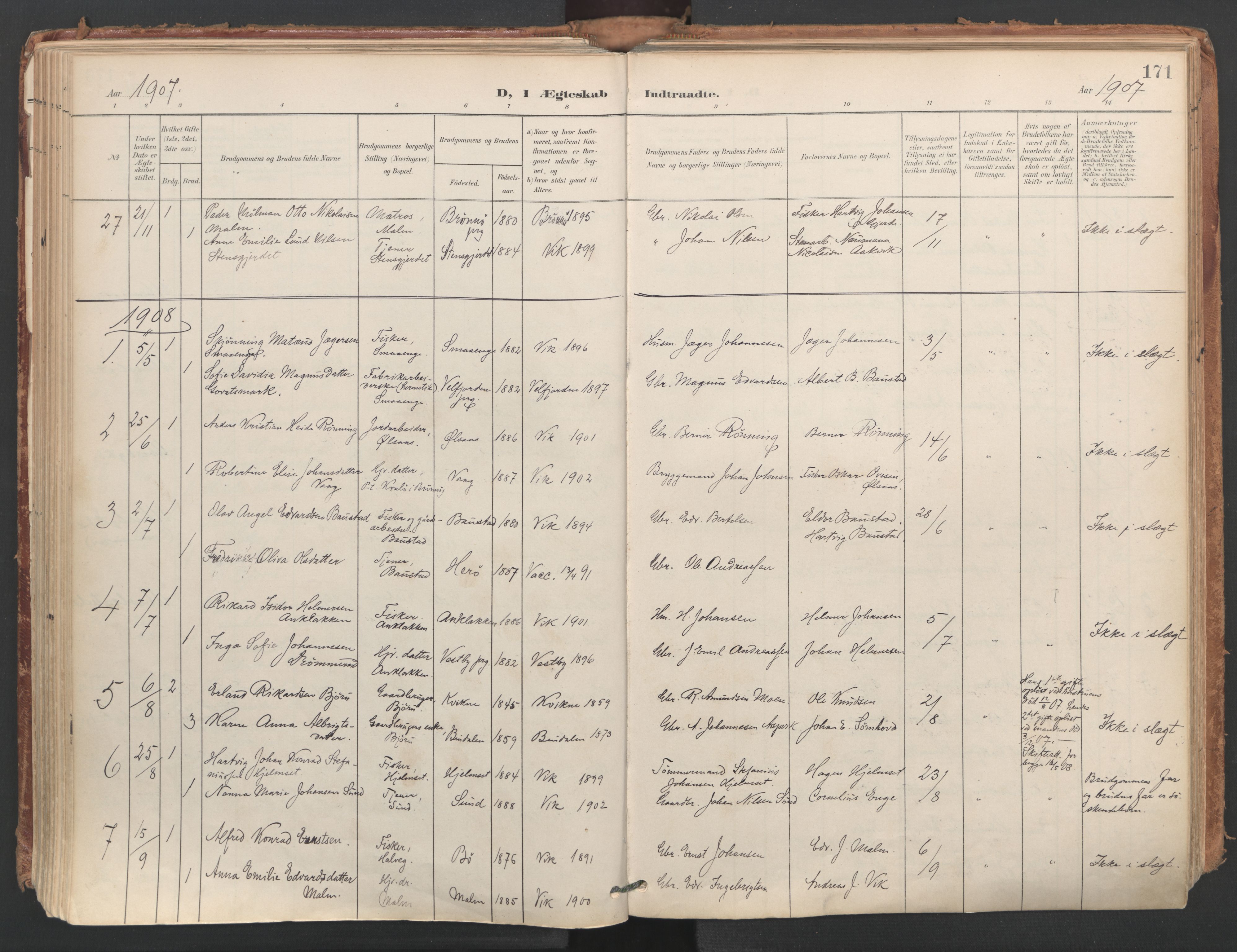 Ministerialprotokoller, klokkerbøker og fødselsregistre - Nordland, SAT/A-1459/812/L0180: Parish register (official) no. 812A09, 1901-1915, p. 171