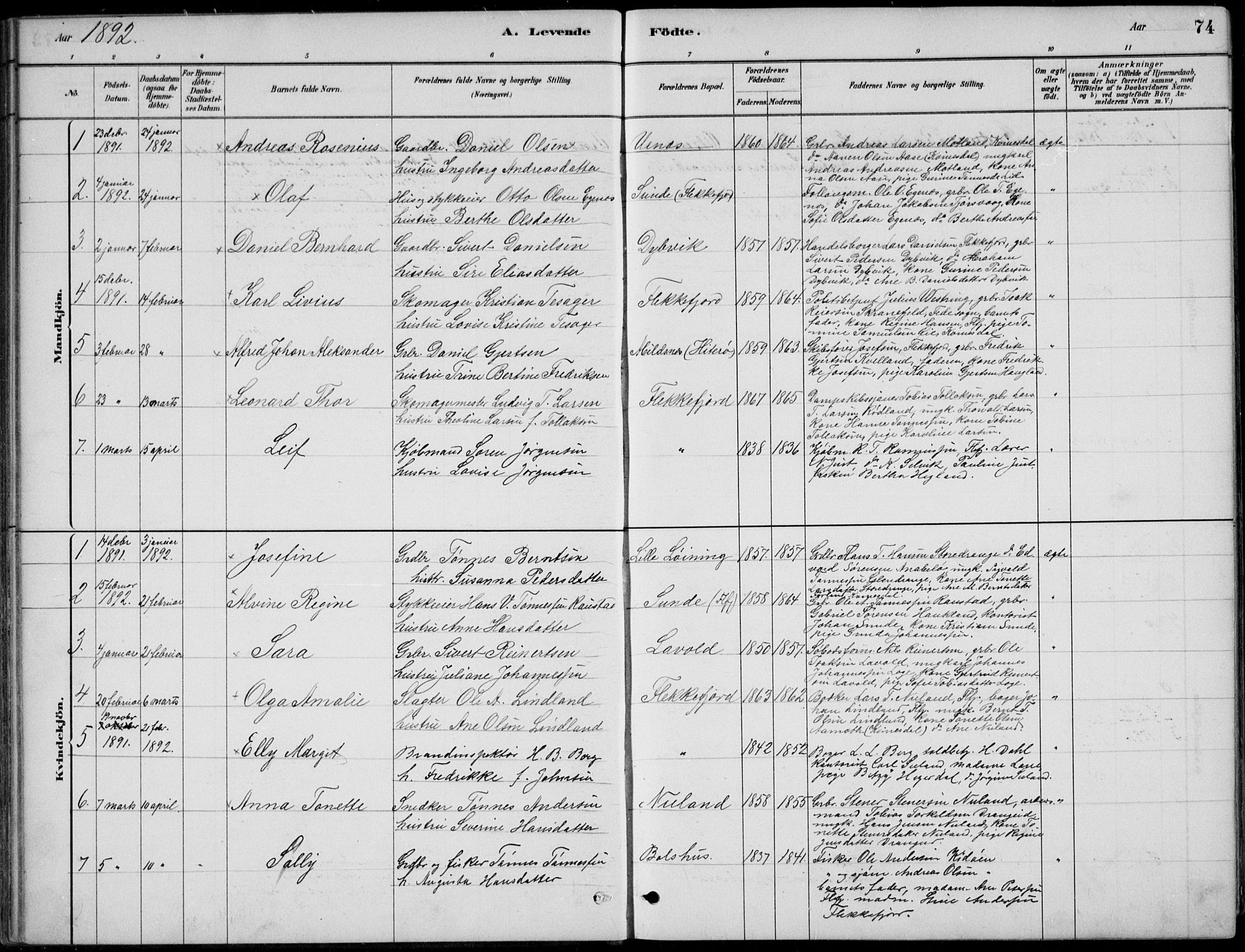 Flekkefjord sokneprestkontor, SAK/1111-0012/F/Fb/Fbc/L0007: Parish register (copy) no. B 7, 1880-1902, p. 74