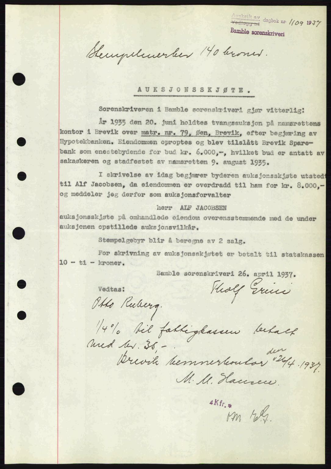 Bamble sorenskriveri, AV/SAKO-A-214/G/Ga/Gag/L0002: Mortgage book no. A-2, 1937-1938, Diary no: : 1109/1937