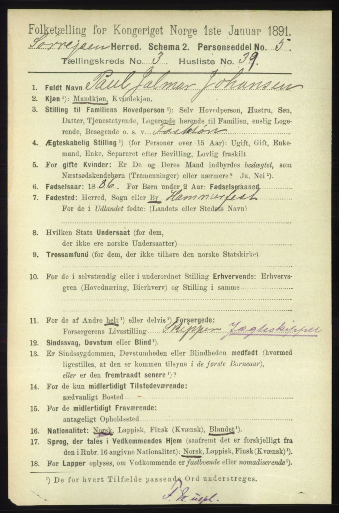 RA, 1891 census for 1925 Sørreisa, 1891, p. 1004