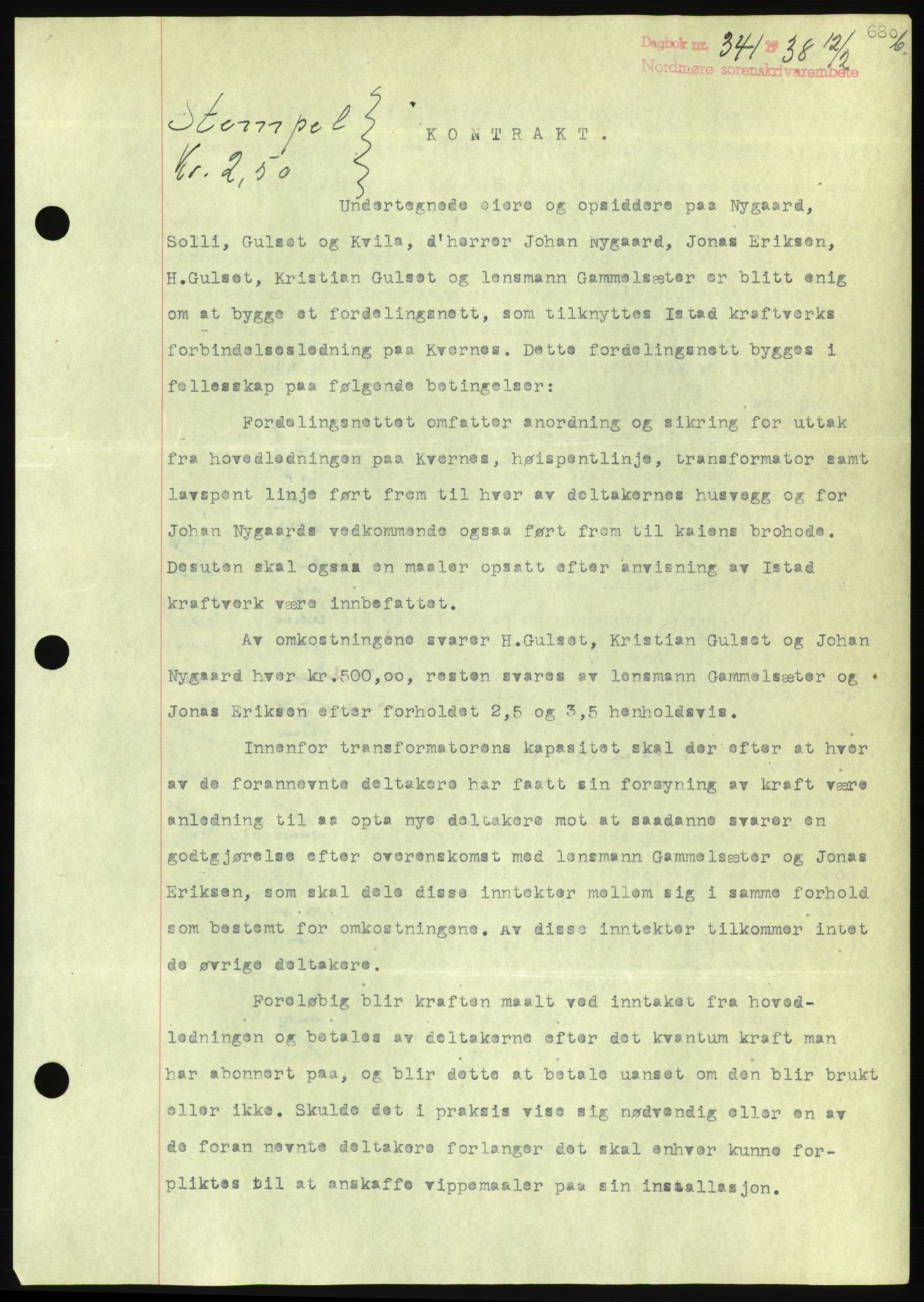 Nordmøre sorenskriveri, AV/SAT-A-4132/1/2/2Ca/L0092: Mortgage book no. B82, 1937-1938, Diary no: : 341/1938