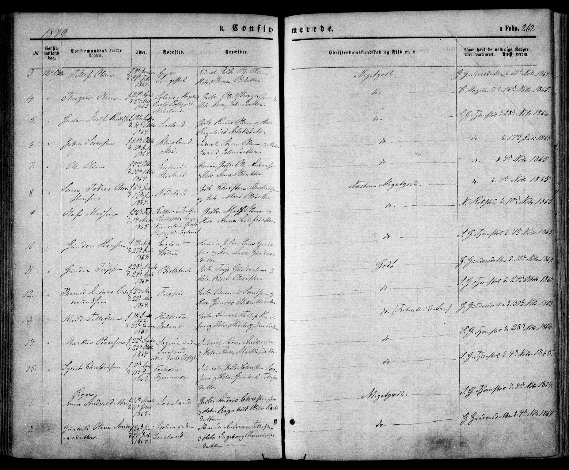 Evje sokneprestkontor, SAK/1111-0008/F/Fa/Faa/L0006: Parish register (official) no. A 6, 1866-1884, p. 262