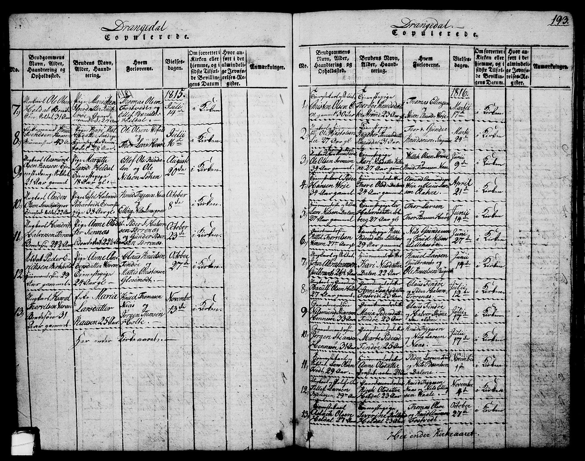 Drangedal kirkebøker, SAKO/A-258/G/Ga/L0001: Parish register (copy) no. I 1 /1, 1814-1856, p. 193