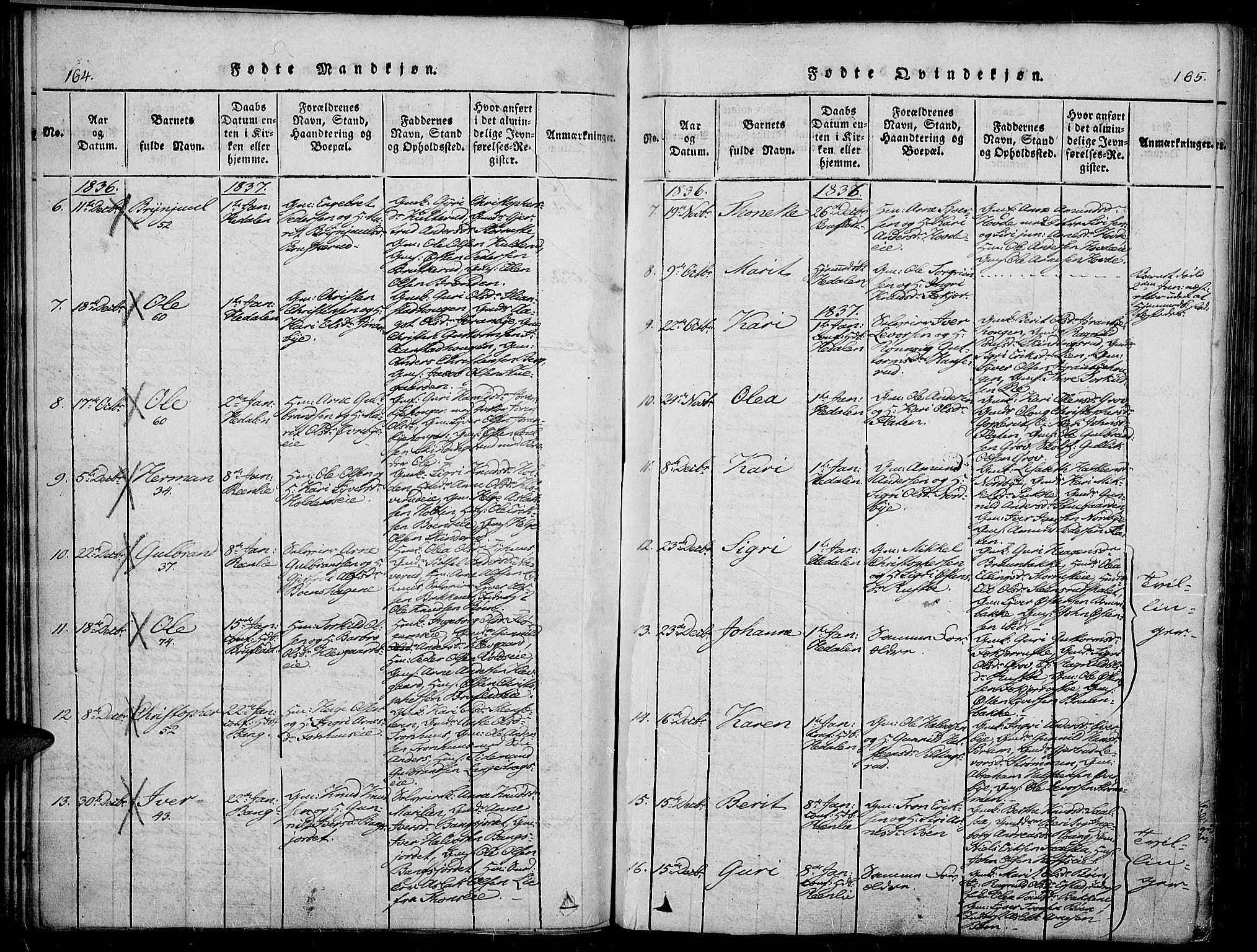 Sør-Aurdal prestekontor, SAH/PREST-128/H/Ha/Haa/L0003: Parish register (official) no. 3, 1825-1840, p. 164-165