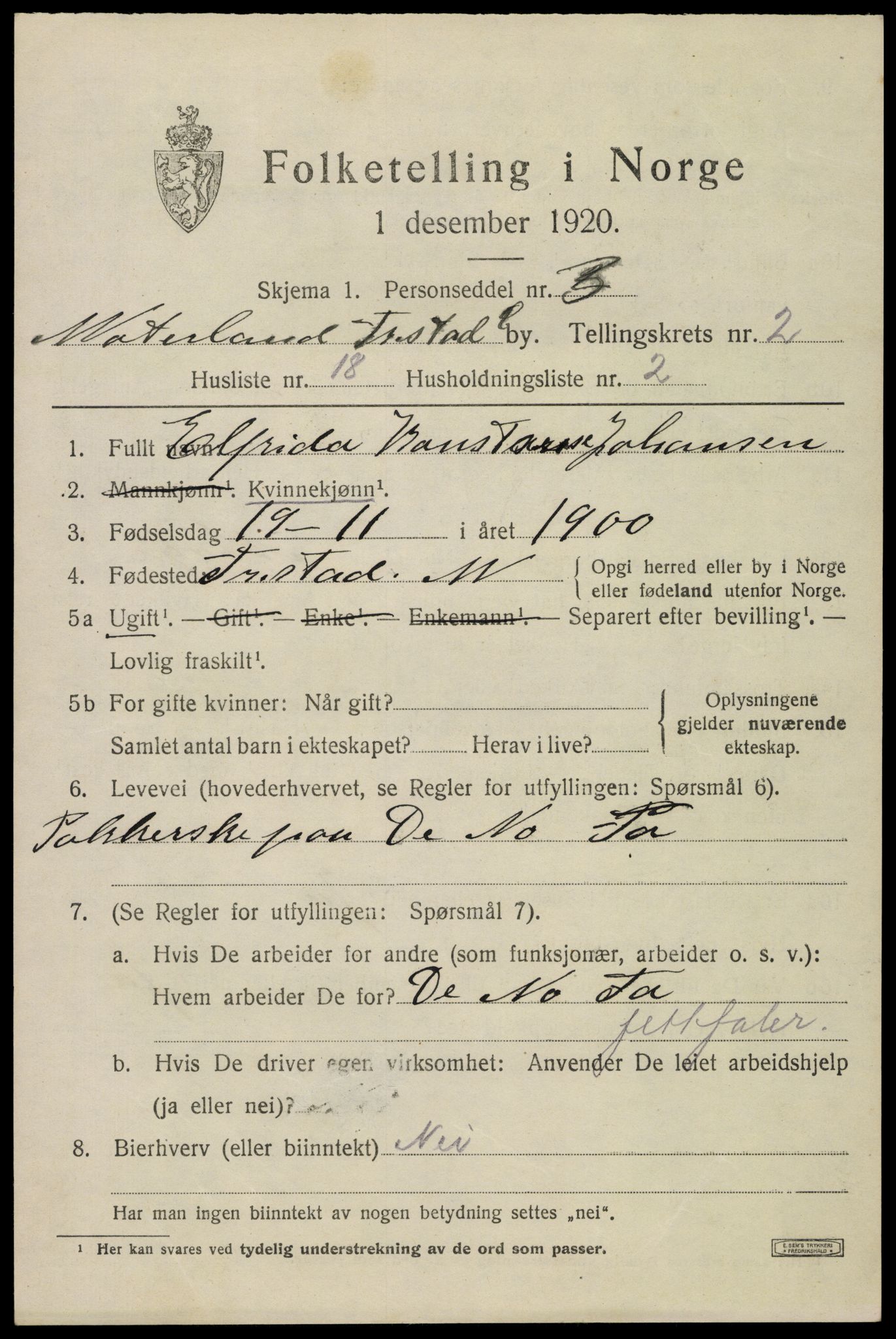 SAO, 1920 census for Fredrikstad, 1920, p. 13873