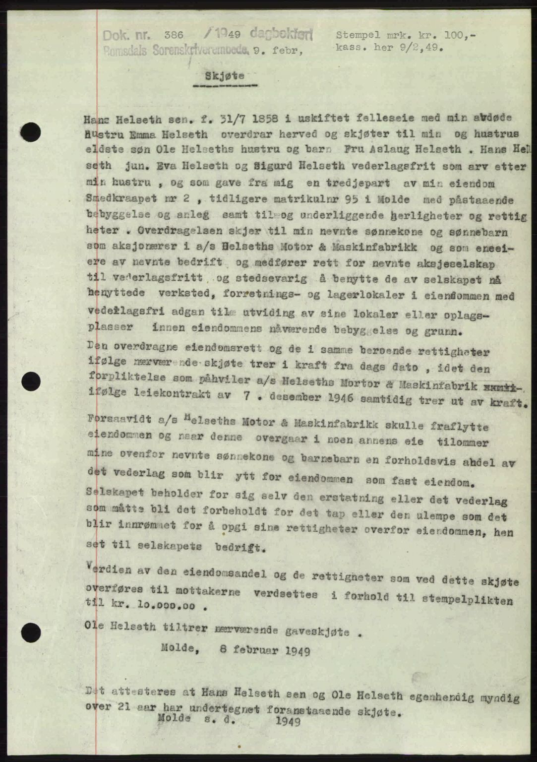 Romsdal sorenskriveri, AV/SAT-A-4149/1/2/2C: Mortgage book no. A28, 1948-1949, Diary no: : 386/1949