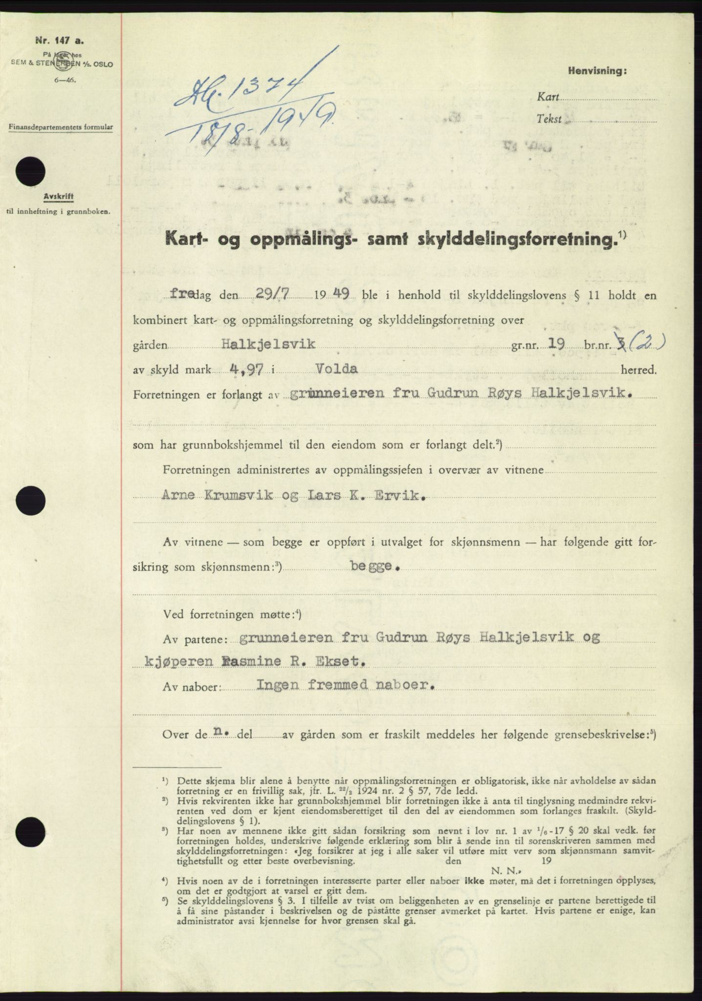 Søre Sunnmøre sorenskriveri, AV/SAT-A-4122/1/2/2C/L0085: Mortgage book no. 11A, 1949-1949, Diary no: : 1374/1949