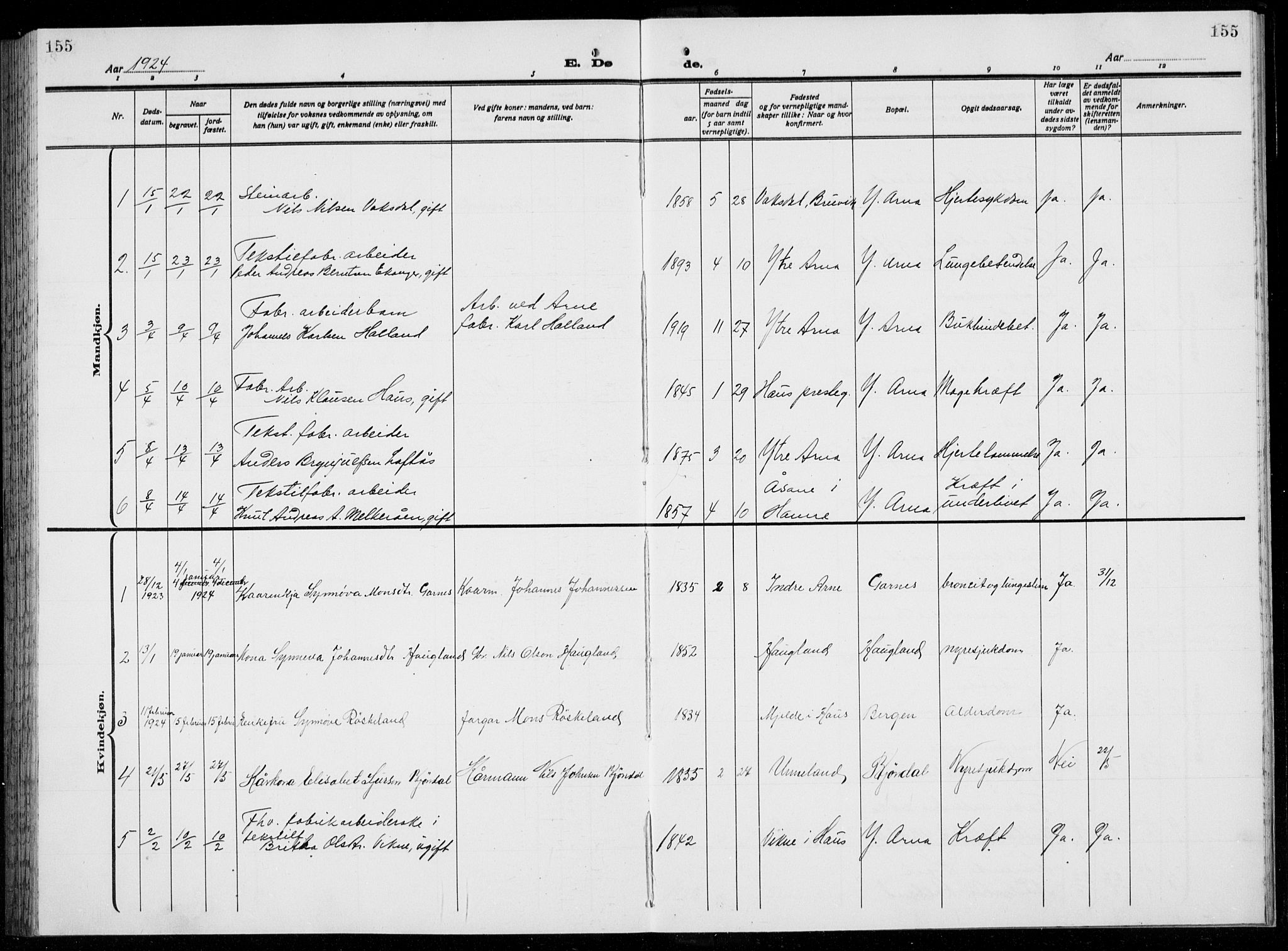 Arna Sokneprestembete, SAB/A-74001/H/Ha/Hab: Parish register (copy) no. A  6, 1922-1936, p. 155