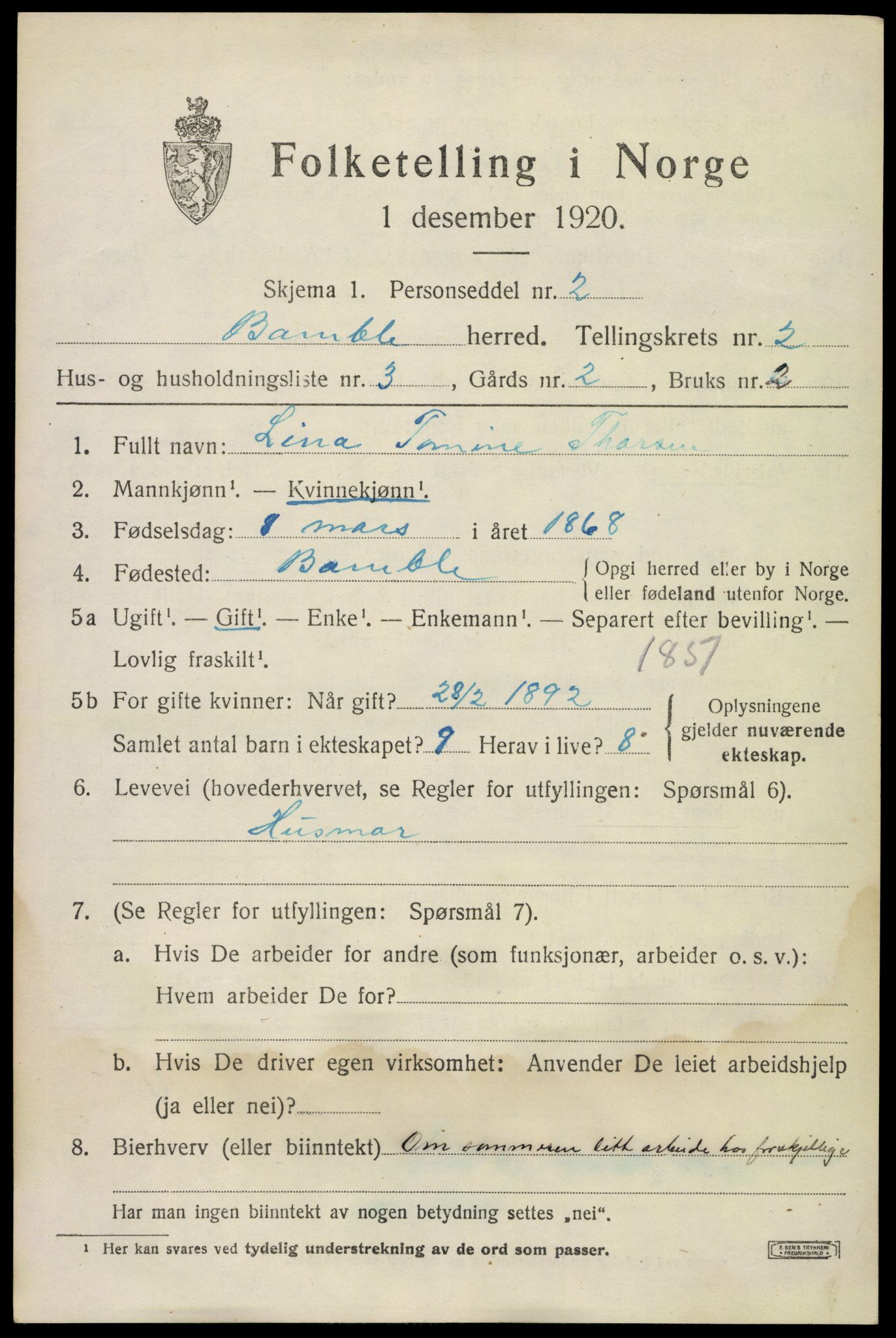 SAKO, 1920 census for Bamble, 1920, p. 2859